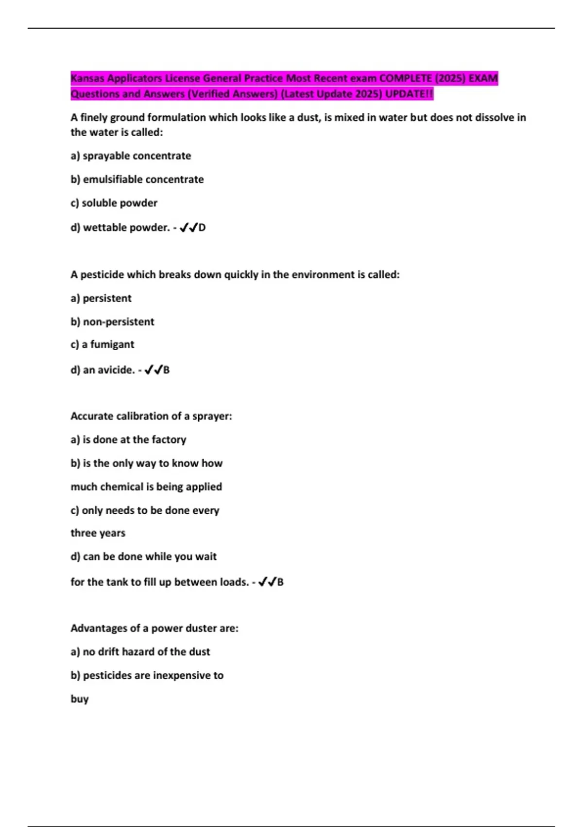 Kansas Applicators License General Practice Most Recent exam COMPLETE ...
