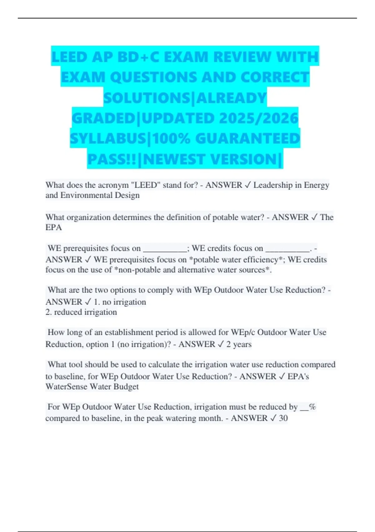 LEED AP BD+C EXAM REVIEW WITH EXAM QUESTIONS AND CORRECT SOLUTIONS ...