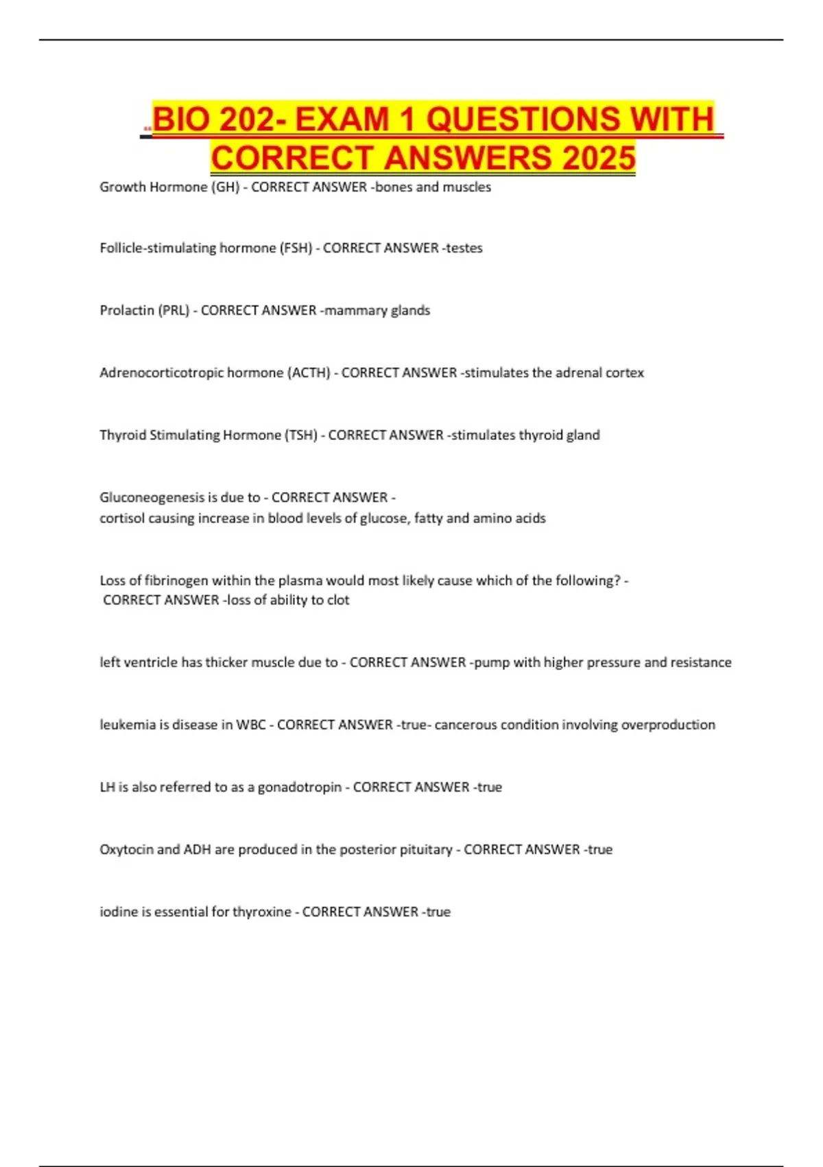 BIO 202- EXAM 1 QUESTIONS WITH CORRECT ANSWERS 2025 - BIO 202- - Stuvia US