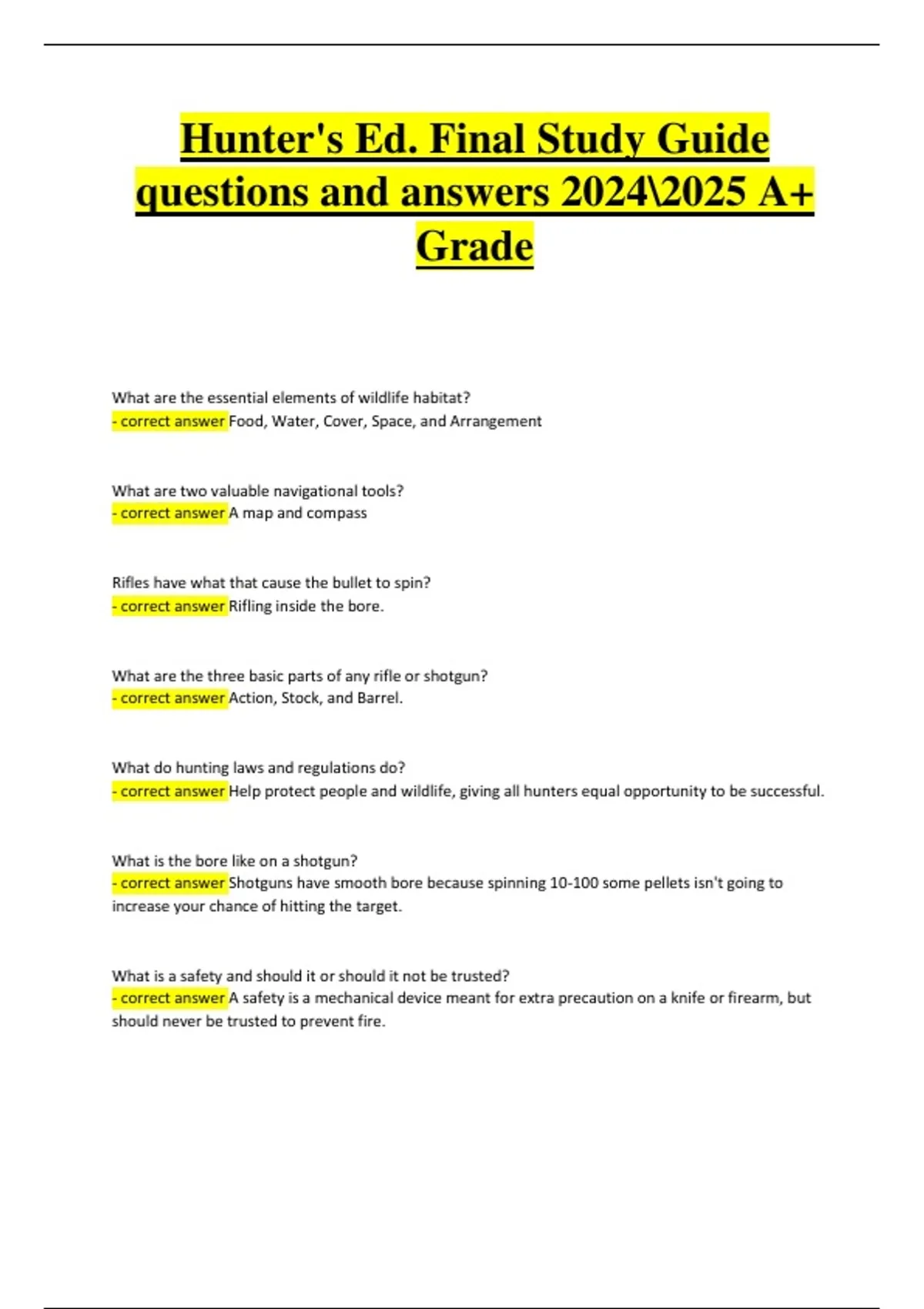Hunter’s Ed Final Study Guide 2024/2025 – Verified Questions and Correct Answers (A+ Graded ...