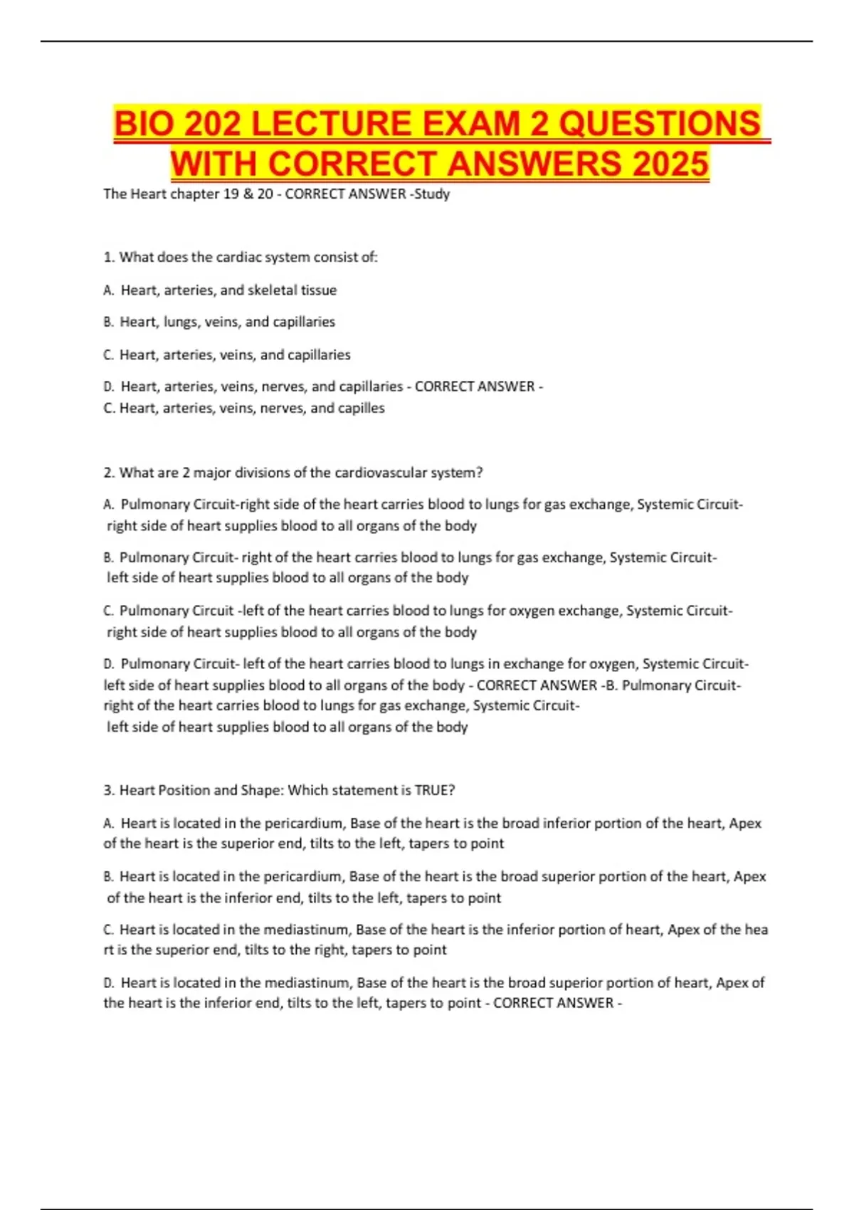 BIO 202 LECTURE EXAM 2 QUESTIONS WITH CORRECT ANSWERS 2025 - BIO 202 ...