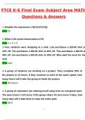 FTCE k-6 FINAL EVERYTHING subject area MATH Latest 2025 Actual Questions and Verified Answers &lpar;2025 &sol; 2026&rpar; A&plus; Grade 100&percnt; Guarantee Verified by Experts