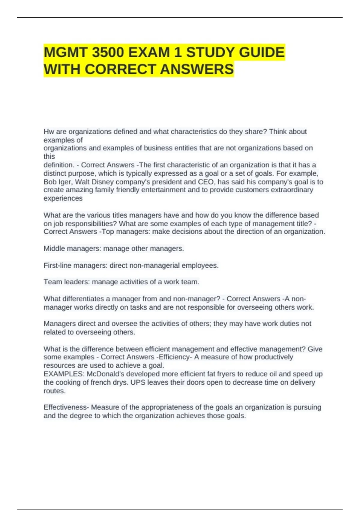 MGMT 3500 EXAM 1 STUDY GUIDE WITH CORRECT ANSWERS - CMGT - Stuvia US