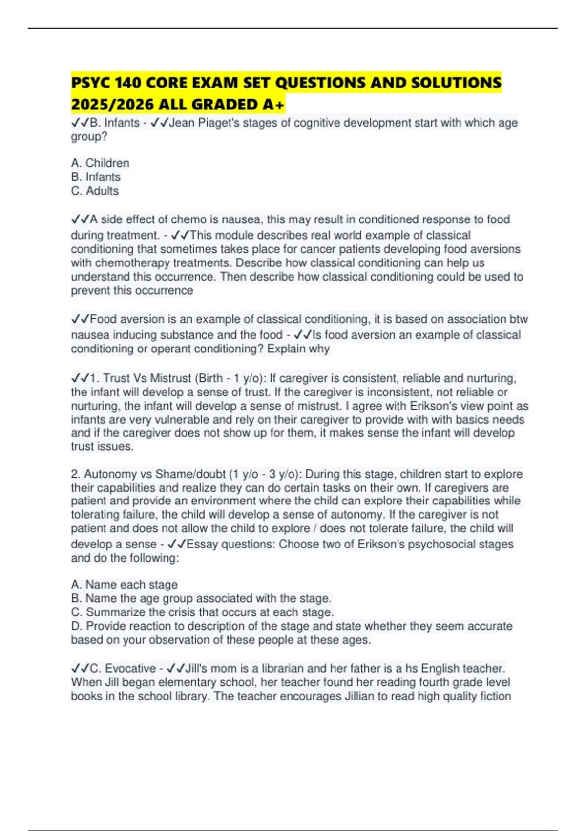 PSYC 140 CORE EXAM SET QUESTIONS AND SOLUTIONS 2025/2026 ALL GRADED A+ ...