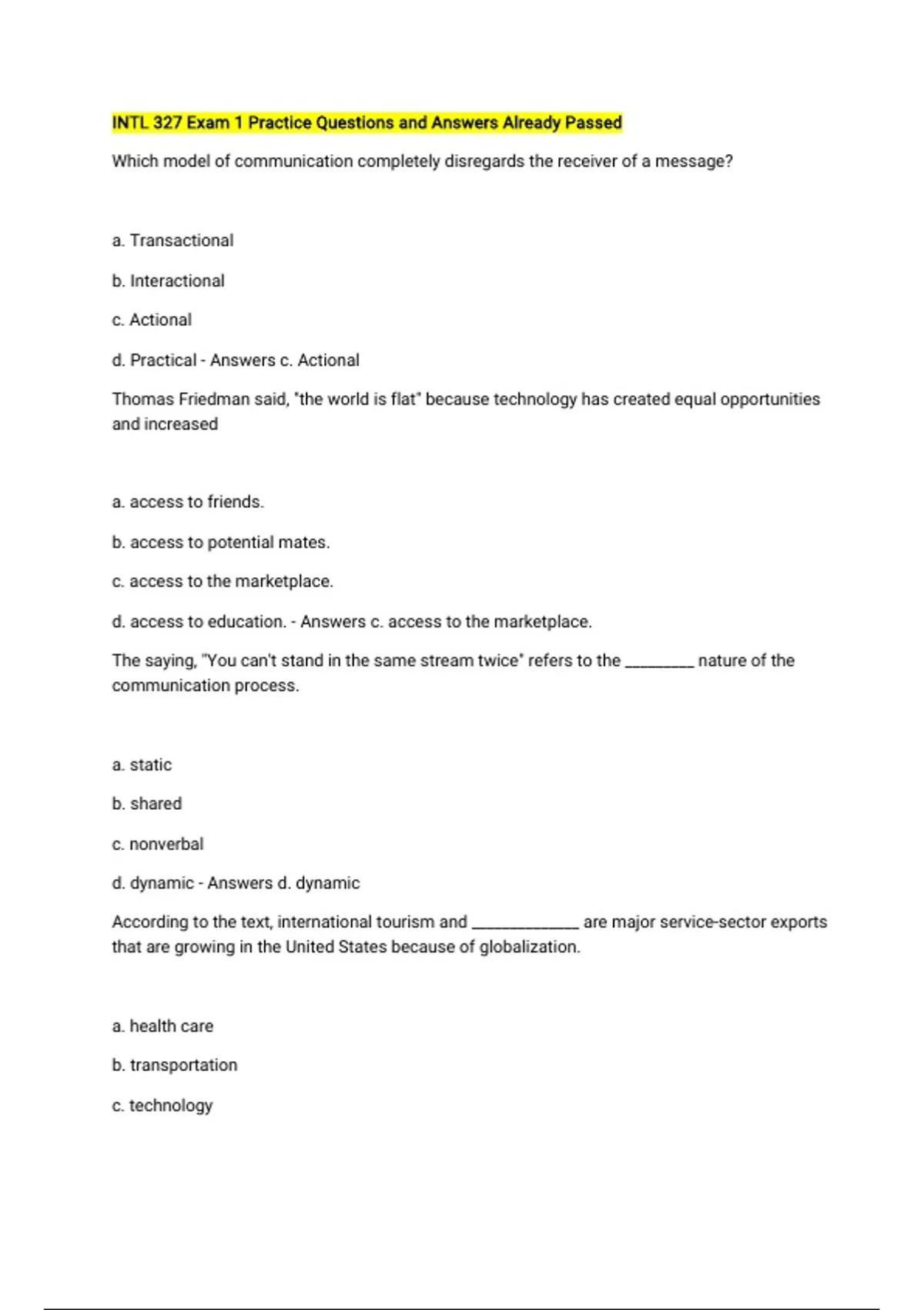 INTL 327 Exam 1 Practice Questions and Answers Already Passed - INTL ...