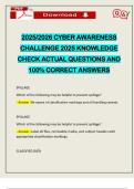 2025&sol;2026 CYBER AWARENESS CHALLENGE 2025 KNOWLEDGE CHECK ACTUAL QUESTIONS AND 100&percnt; CORRECT ANSWERS