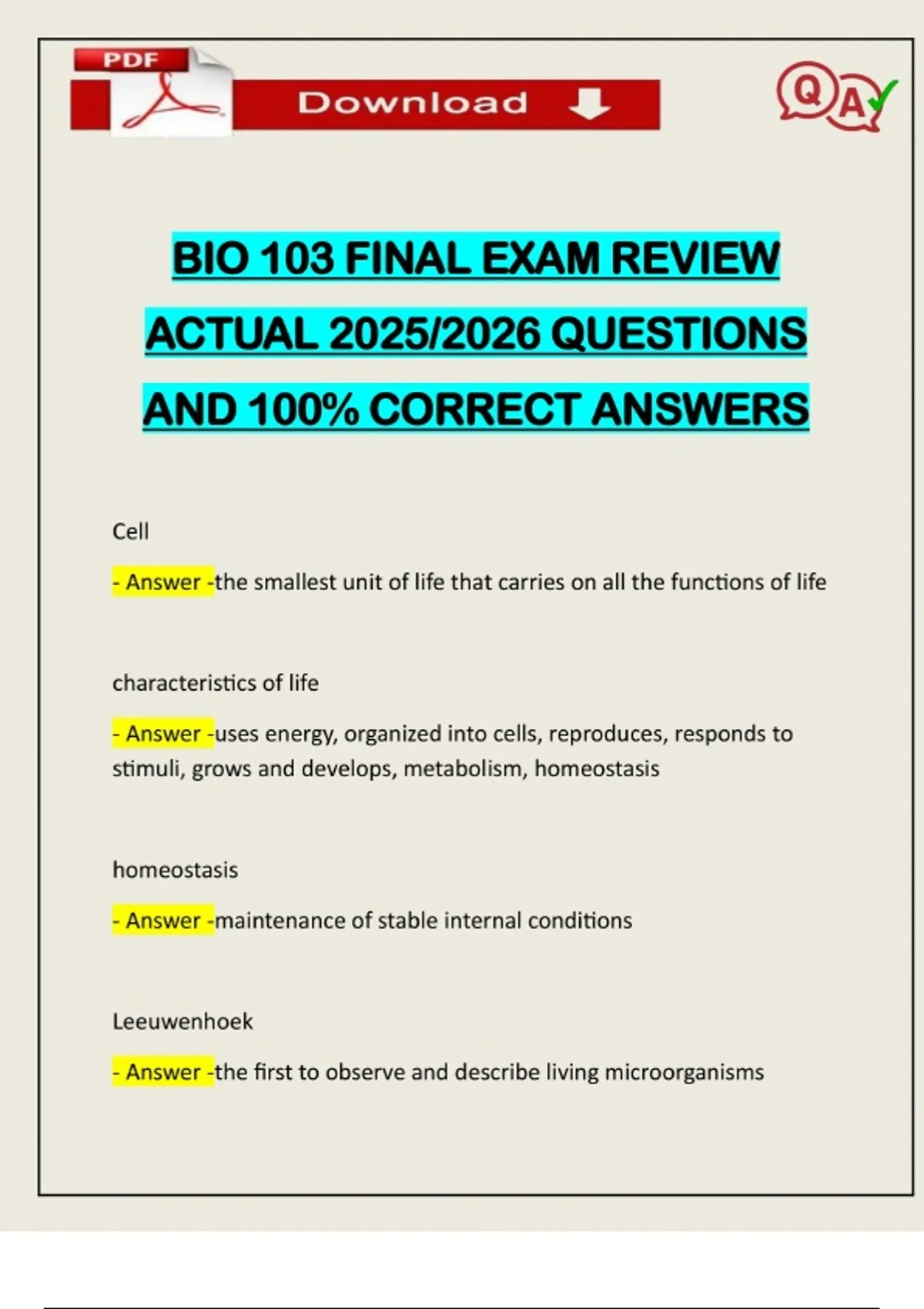 BIO 103 FINAL EXAM REVIEW ACTUAL 2025/2026 QUESTIONS AND 100% CORRECT ...