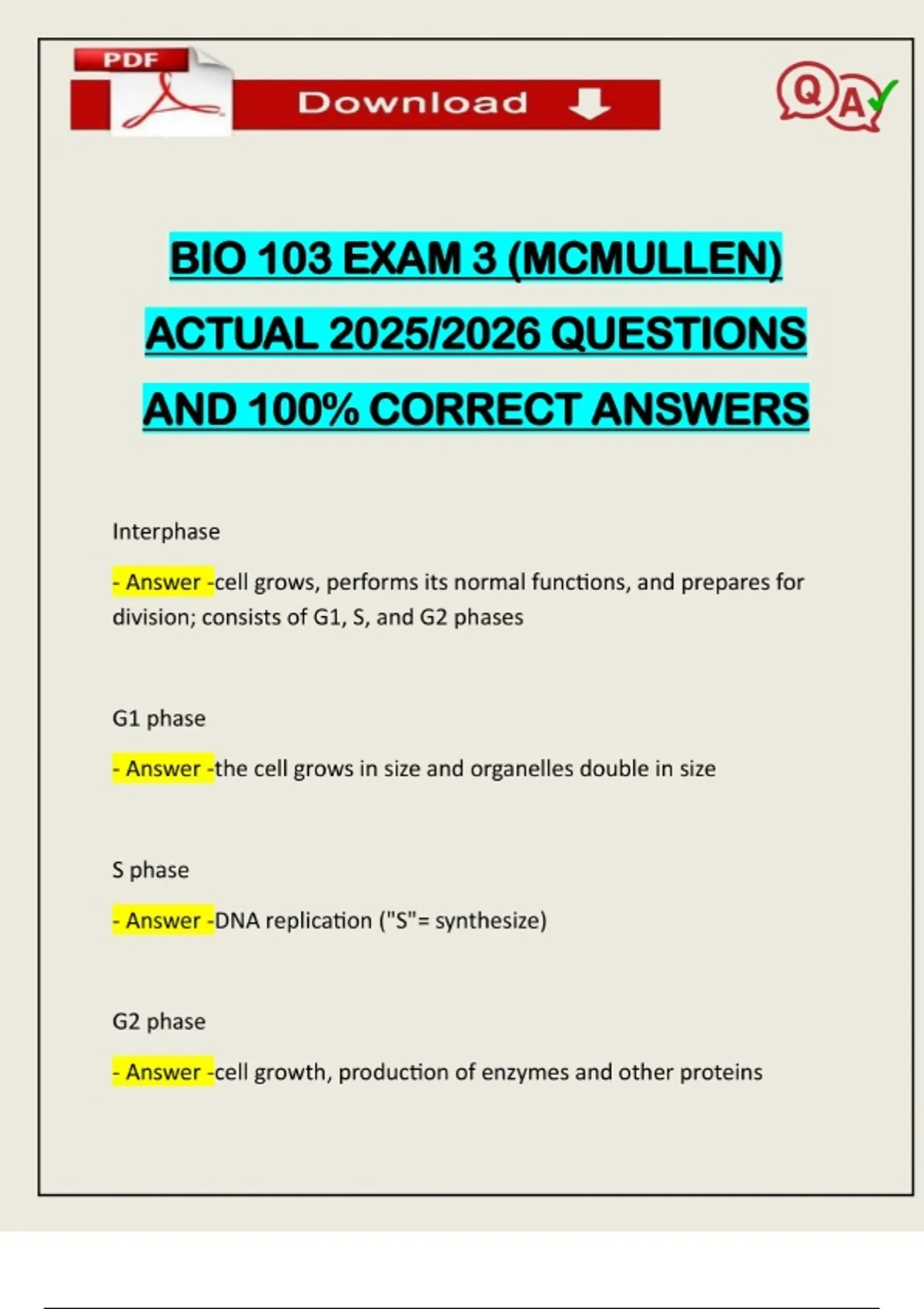 BIO 103 EXAM 3 (MCMULLEN) ACTUAL 2025/2026 QUESTIONS AND 100% CORRECT ...