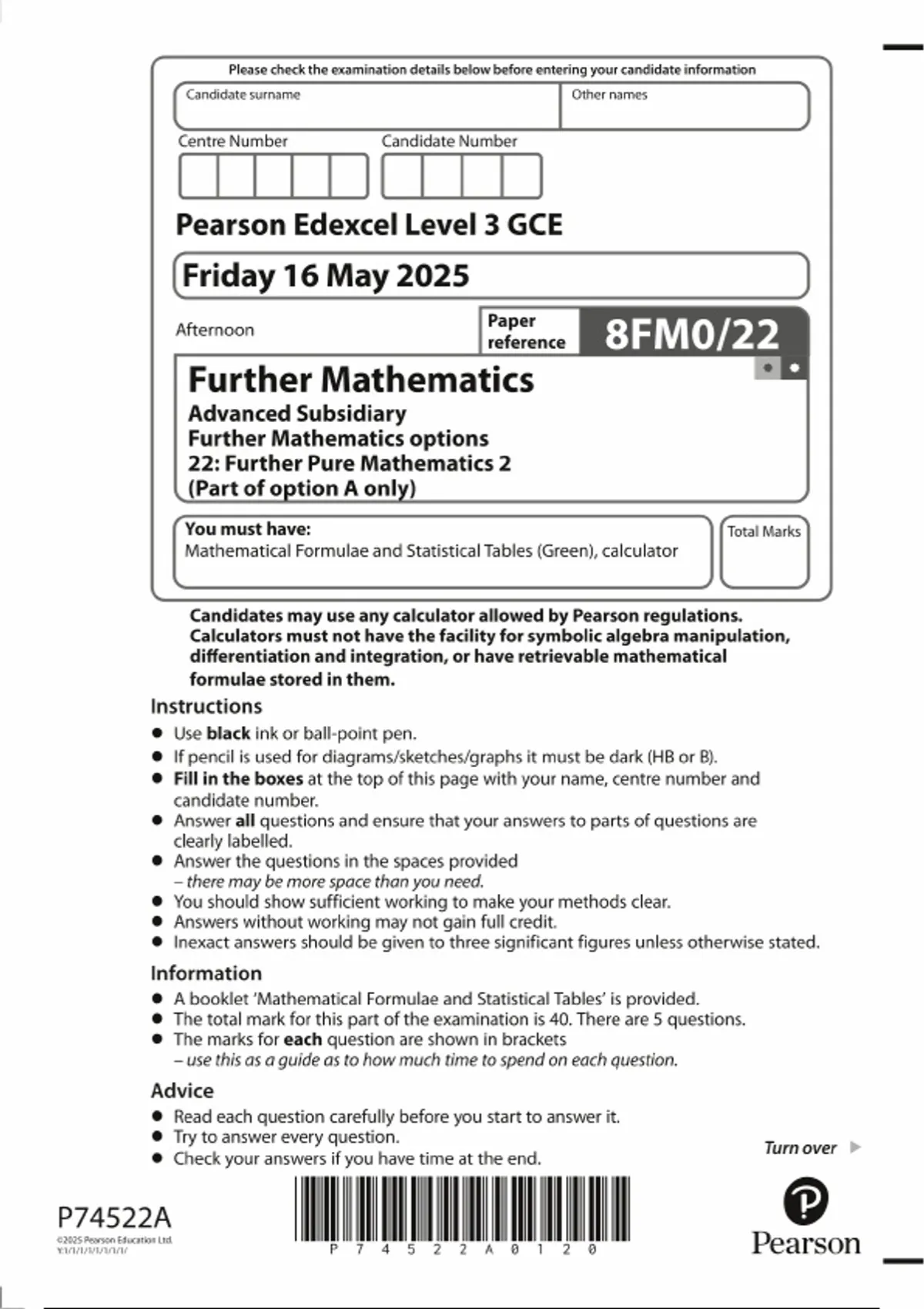 PEARSON EDEXCEL AS FURTHER MATHEMATICS PAPER 22 QUESTION PAPER (8FM0/22 ...
