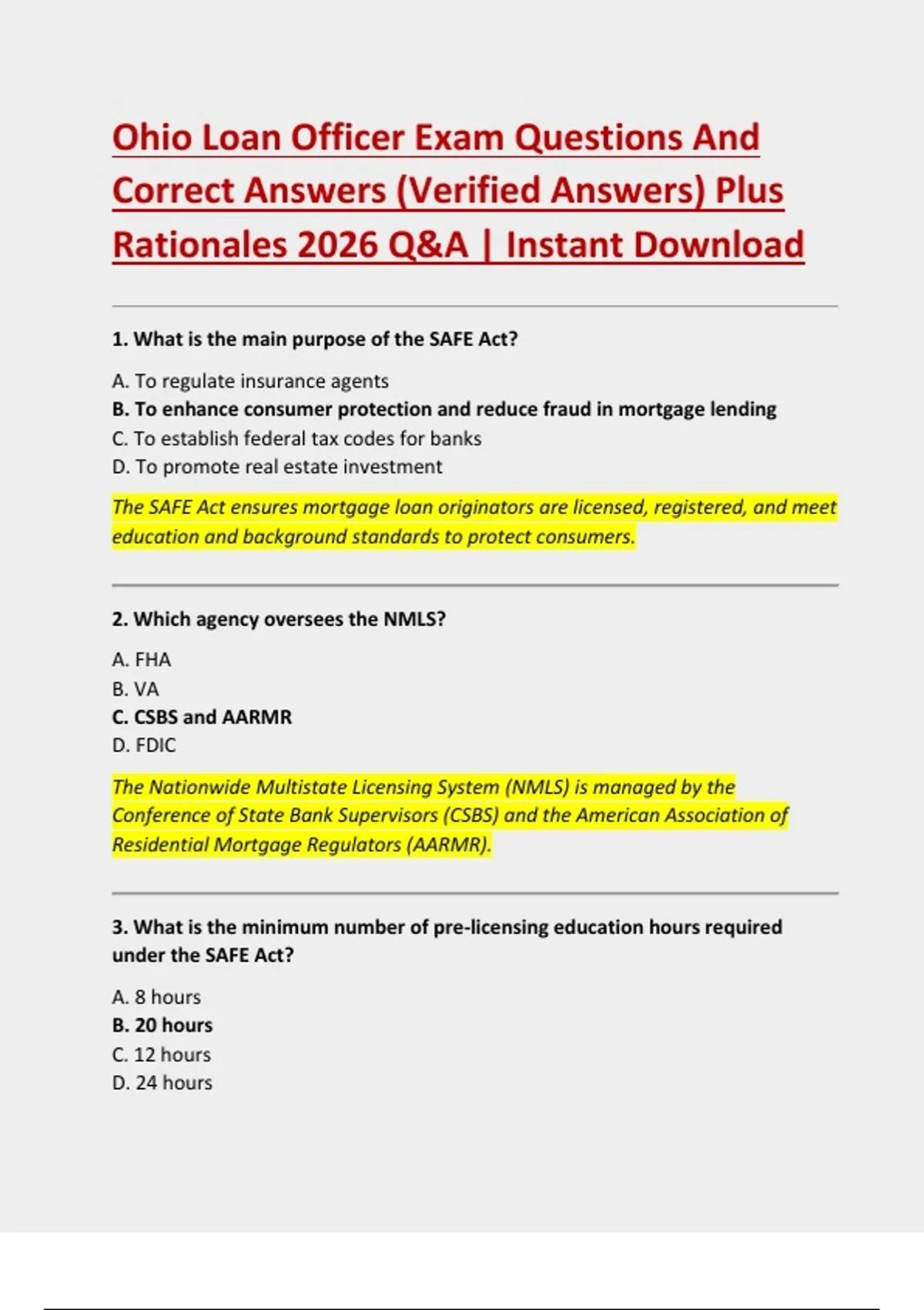 Ohio Loan Officer Exam Questions And Correct Answers (Verified Answers) Plus Rationales 2026 Q&A ...