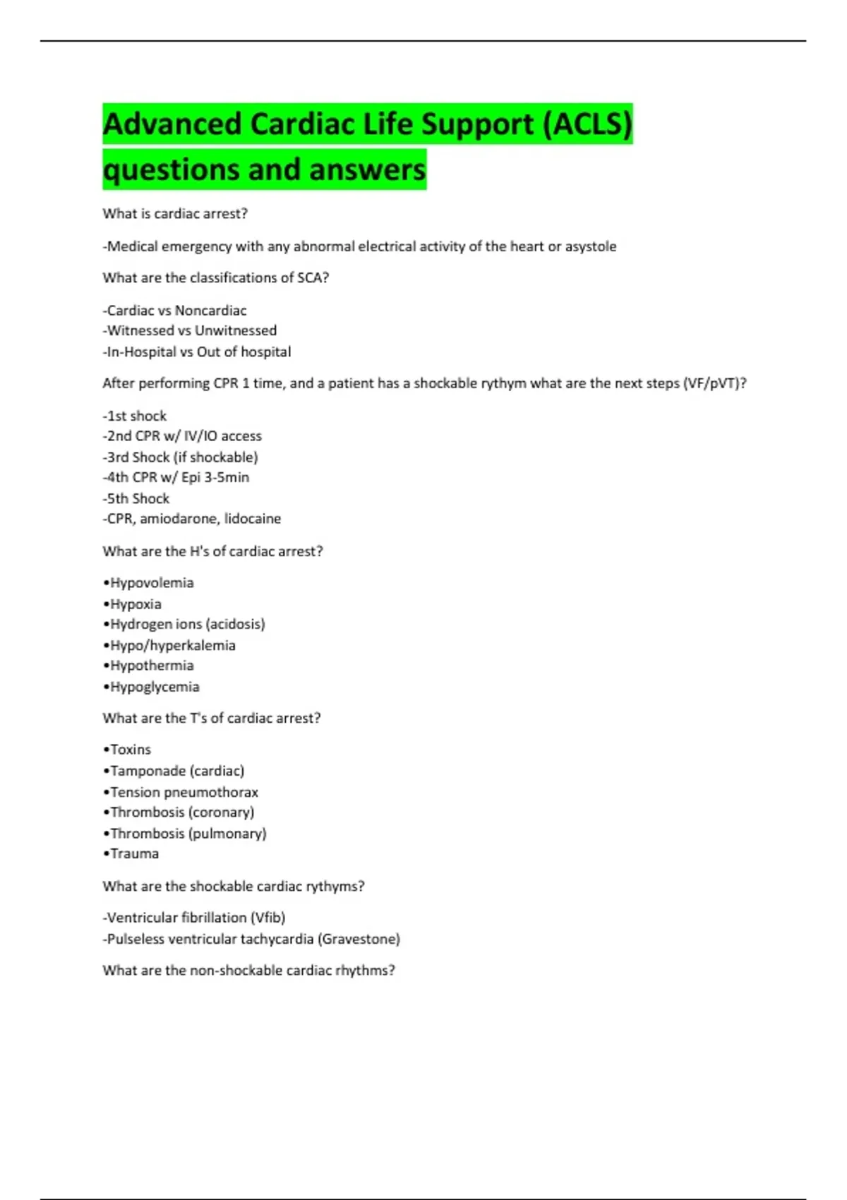 Advanced Cardiac Life Support (ACLS) questions and answers - Acls ...