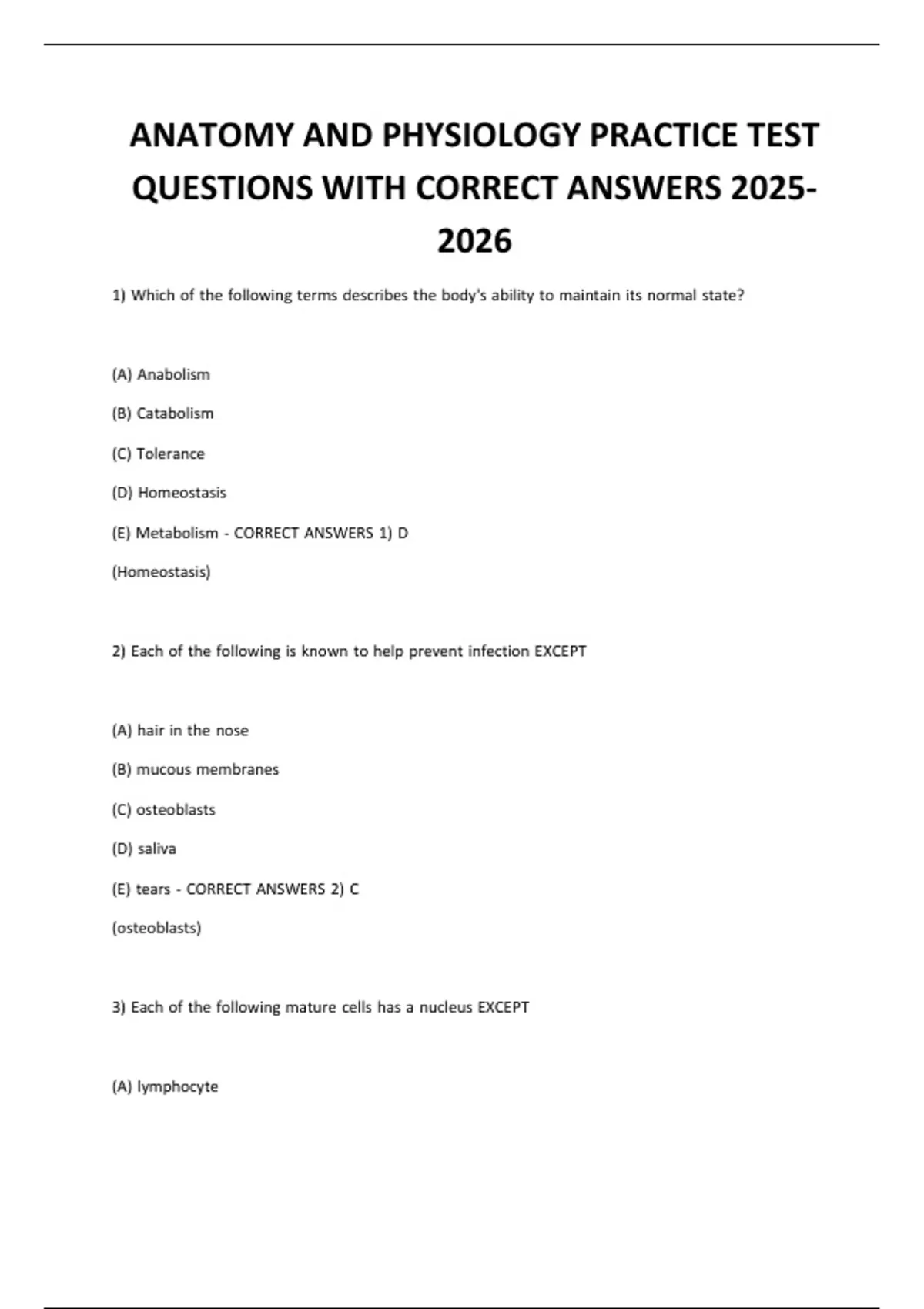 ANATOMY AND PHYSIOLOGY PRACTICE TEST QUESTIONS WITH CORRECT ANSWERS ...