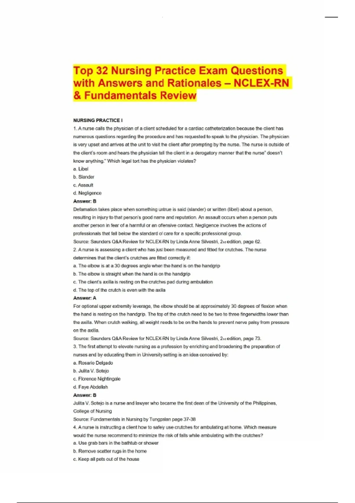Top 32 Nursing Practice Exam Questions with Answers and Rationales ...