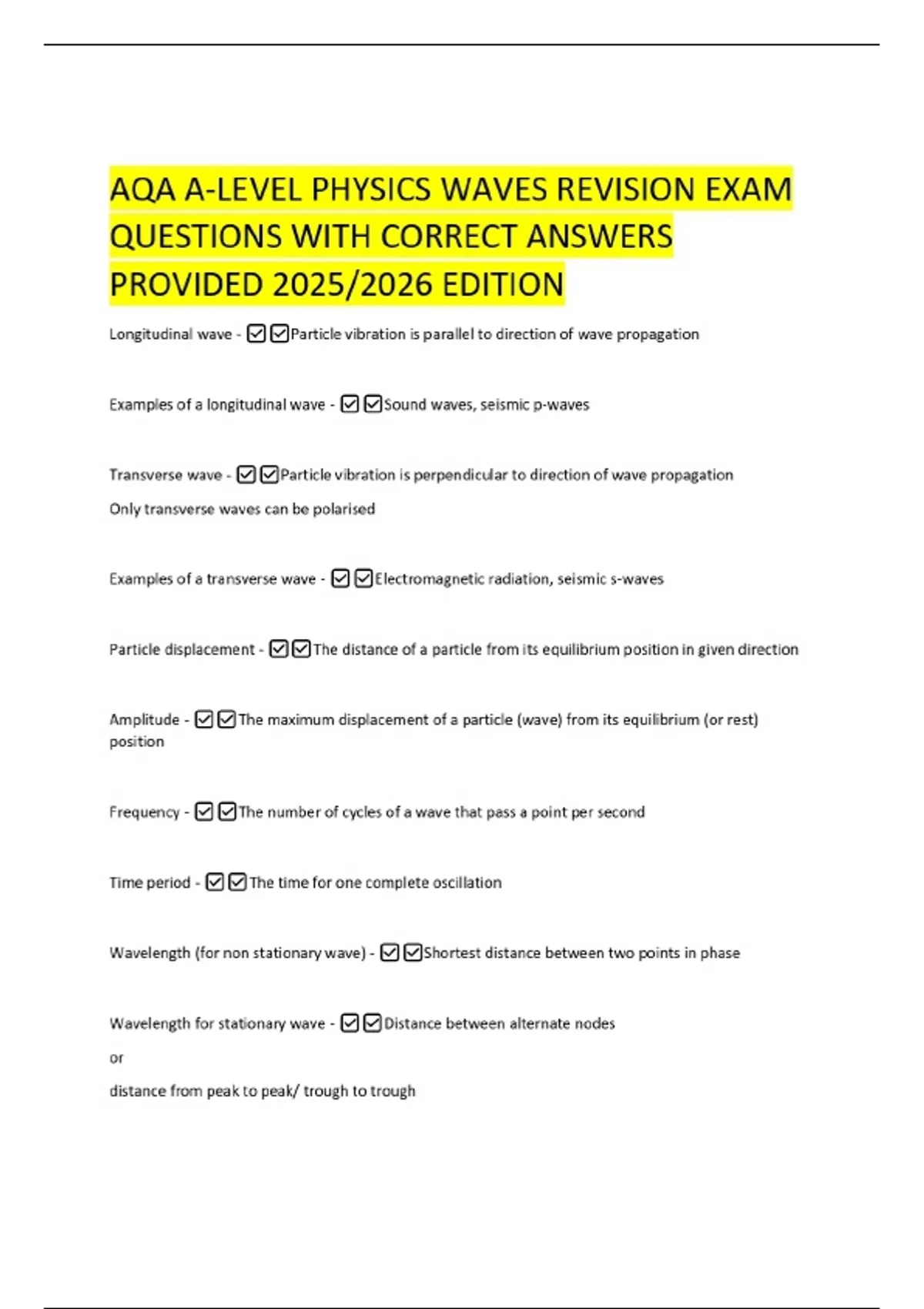 AQA A-LEVEL PHYSICS WAVES REVISION EXAM QUESTIONS WITH CORRECT ANSWERS ...