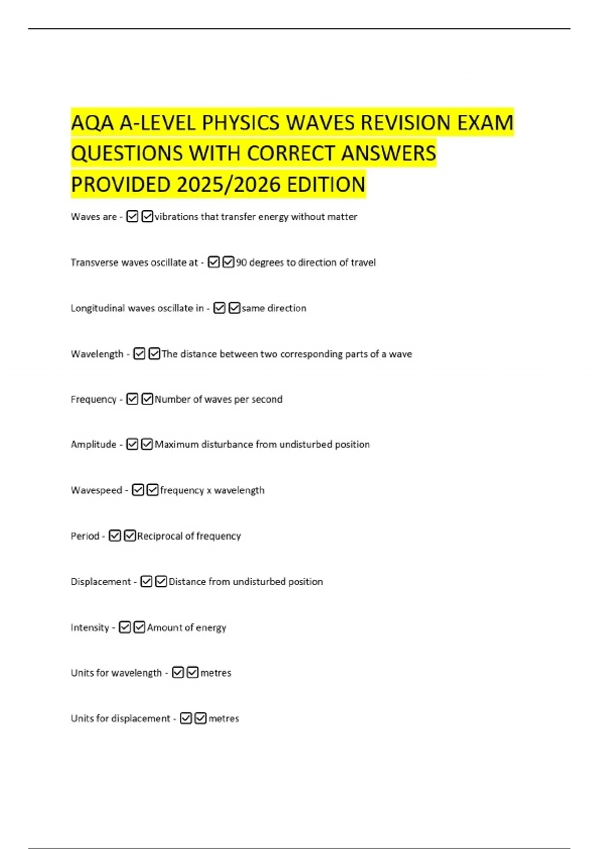AQA A-LEVEL PHYSICS WAVES REVISION EXAM QUESTIONS WITH CORRECT ANSWERS ...