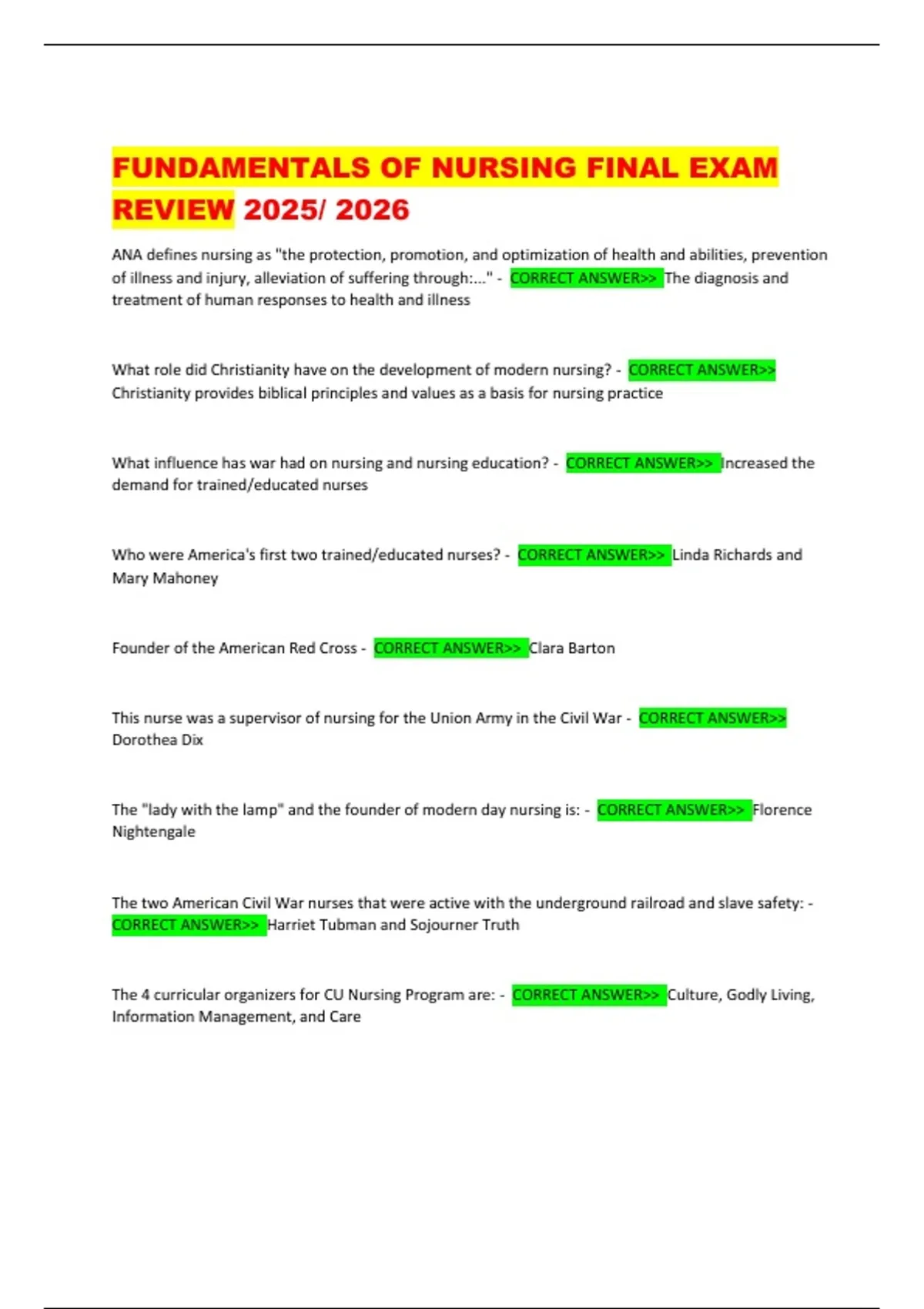 Fundamentals of Nursing Final Exam Review (2025/2026) – Complete Study ...