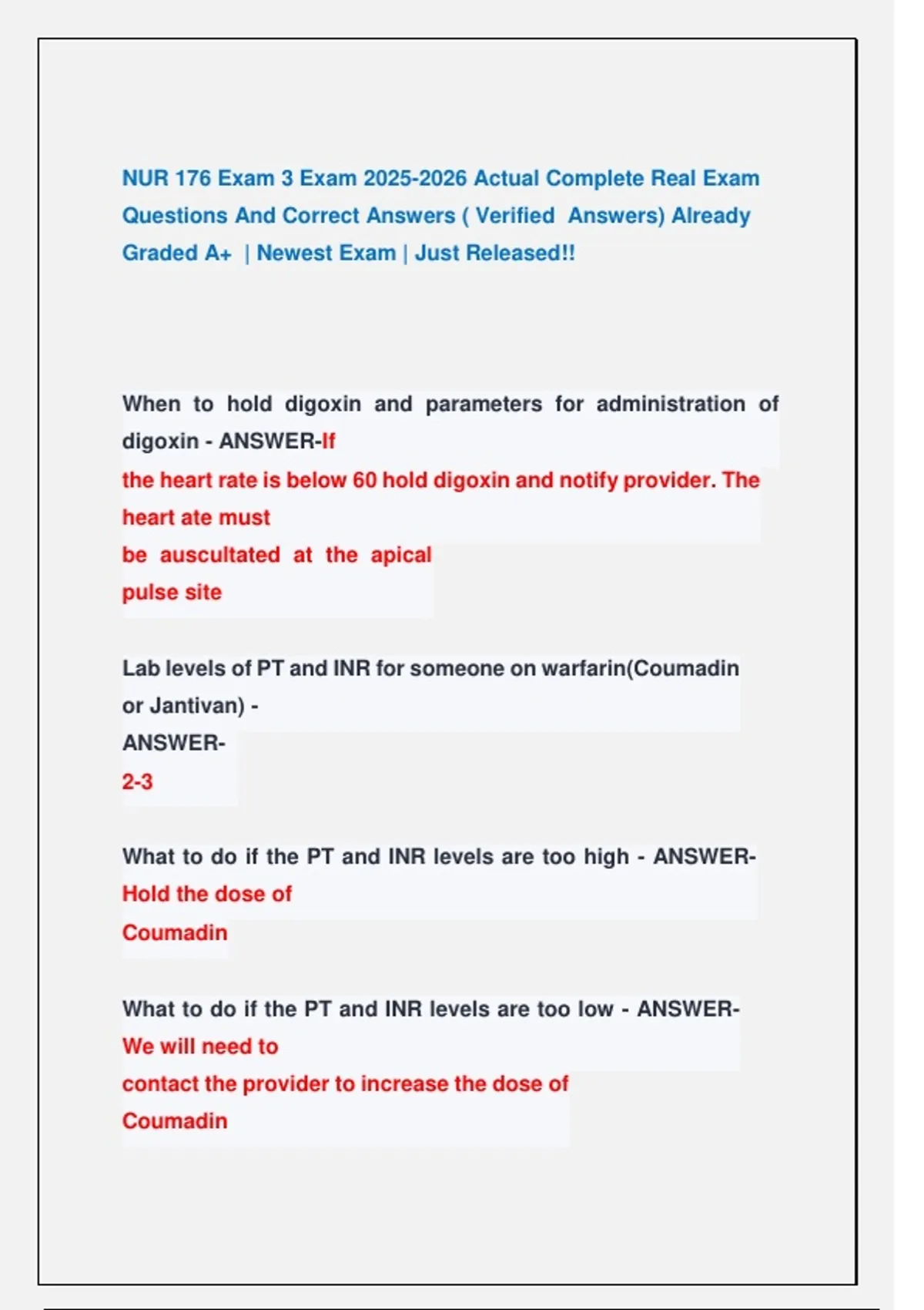 NUR 176 Exam 3 Exam Actual Complete Real Exam Questions And Correct ...