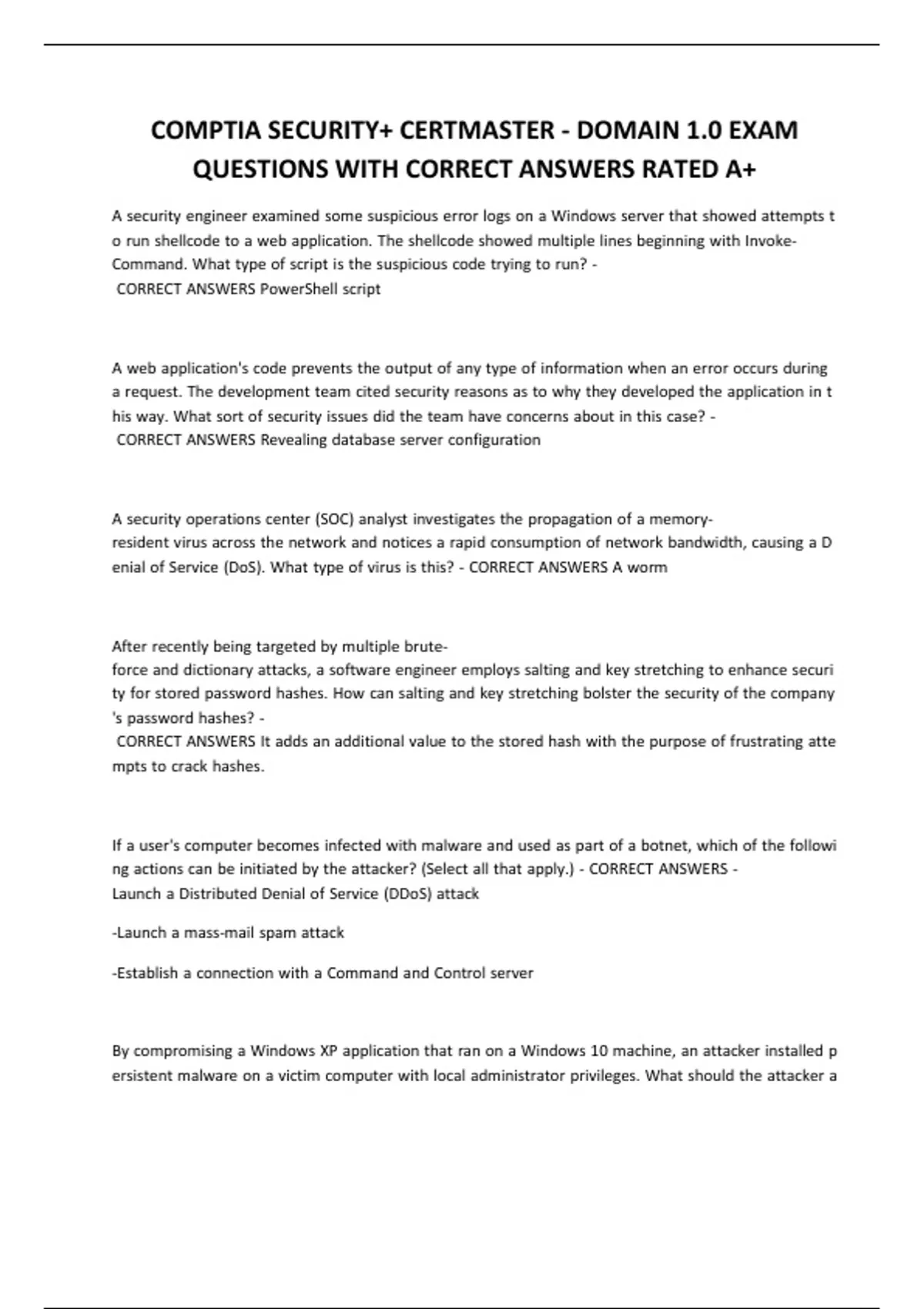 COMPTIA SECURITY+ CERTMASTER - DOMAIN 1.0 EXAM QUESTIONS WITH CORRECT ...