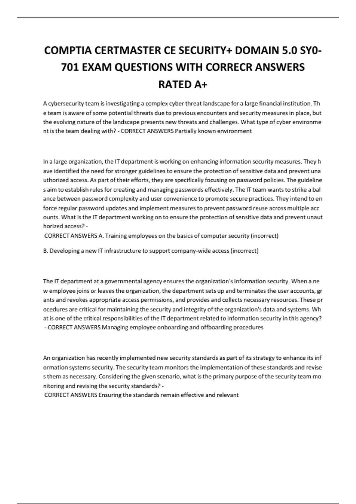 COMPTIA CERTMASTER CE SECURITY+ DOMAIN 5.0 SY0-701 EXAM QUESTIONS WITH ...