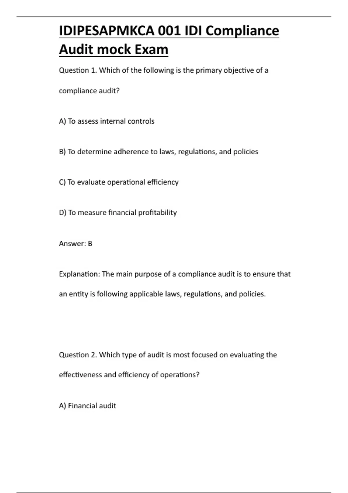 Mock Audit Example IDIPESAPMKCA 001 IDI Compliance Audit mock Exam - Computer - Stuvia US