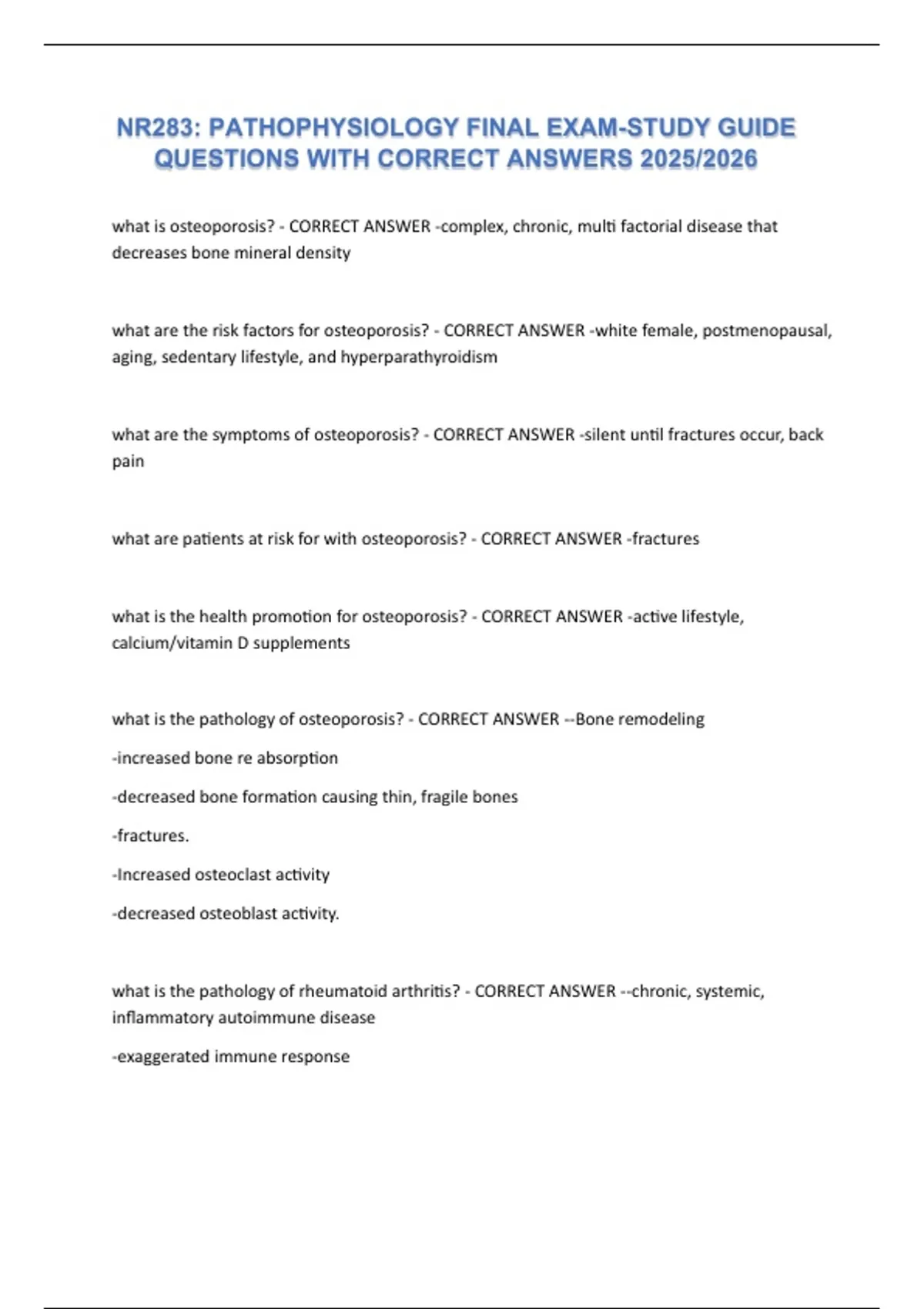 NR283 PATHOPHYSIOLOGY FINAL EXAM-STUDY GUIDE QUESTIONS WITH CORRECT ...