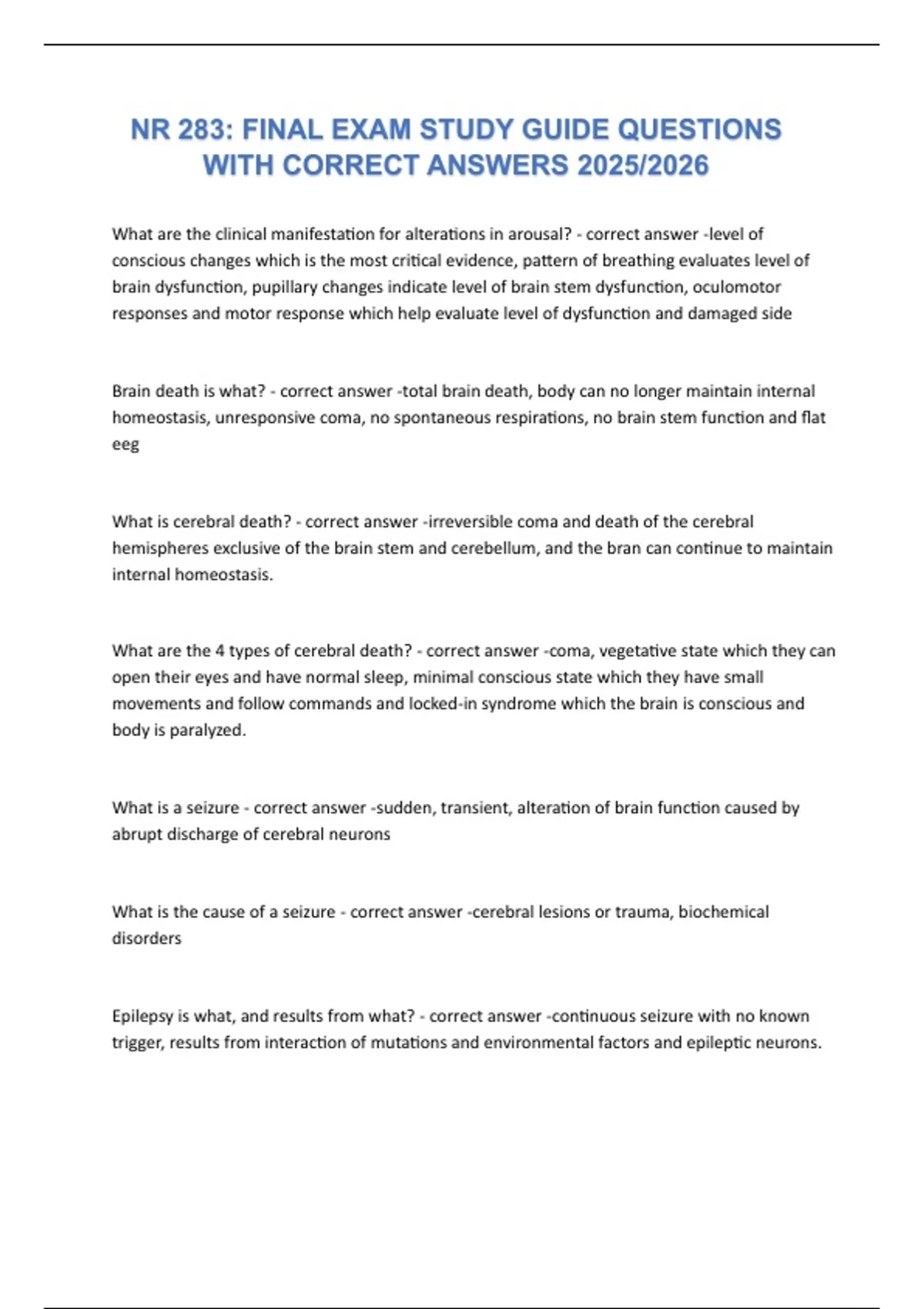 NR 283 FINAL EXAM STUDY GUIDE QUESTIONS WITH CORRECT ANSWERS 2025/2026 ...