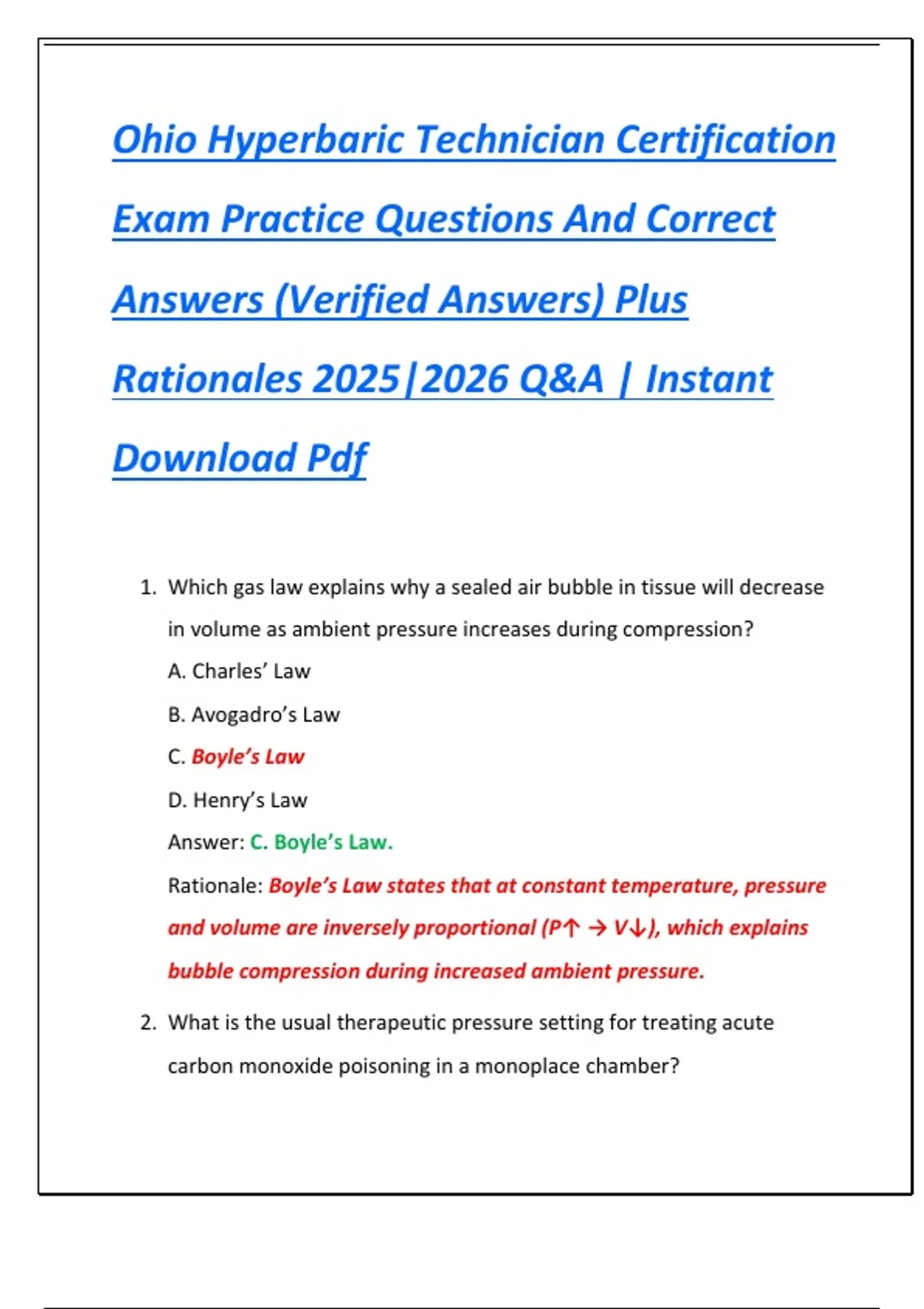 Ohio Hyperbaric Technician Certification Exam Practice Questions And ...