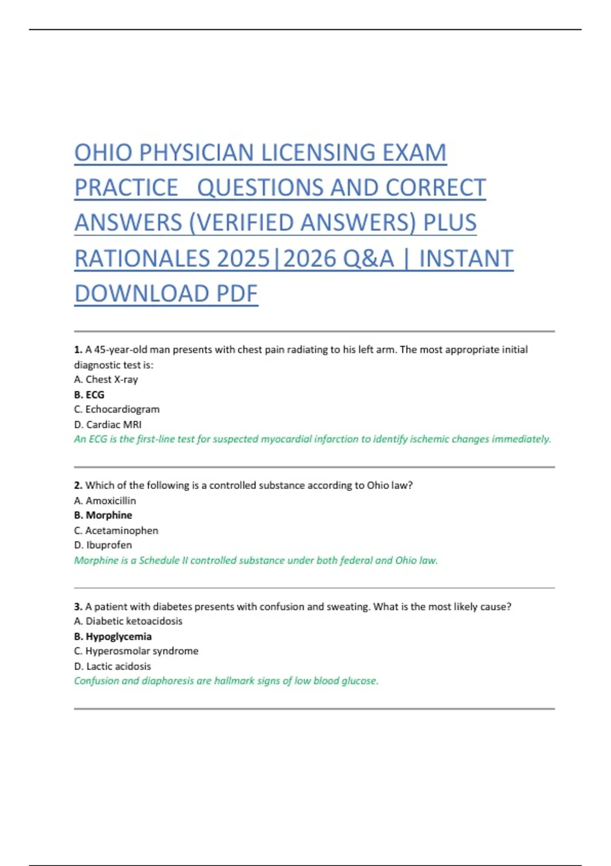 OHIO PHYSICIAN LICENSING EXAM PRACTICE QUESTIONS AND CORRECT ANSWERS ...