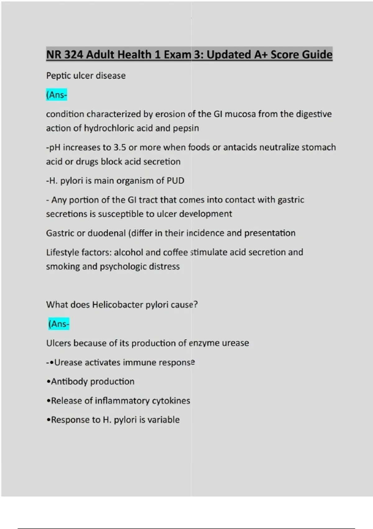NR 324 Adult Health 1 Exam 3: Updated A+ Score Guide: Questions ...