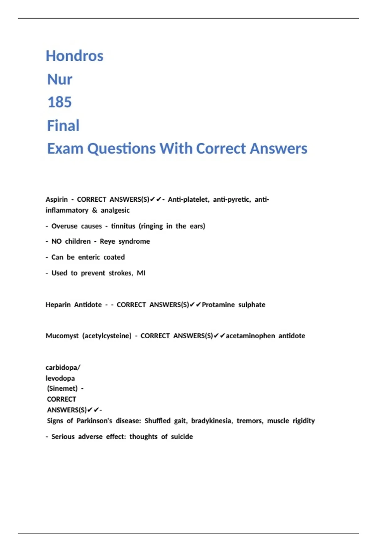 Hondros Nur 185 Final Exam Questions With Correct Answers - Nur 185 ...