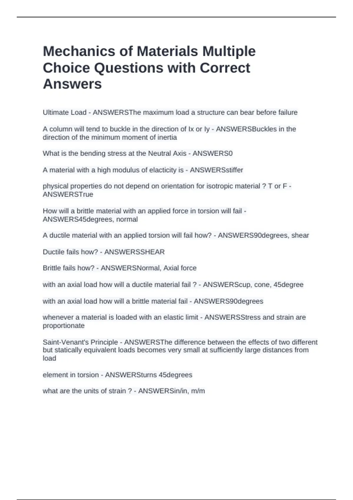 Mechanics of Materials Multiple Choice Questions with Correct Answers ...