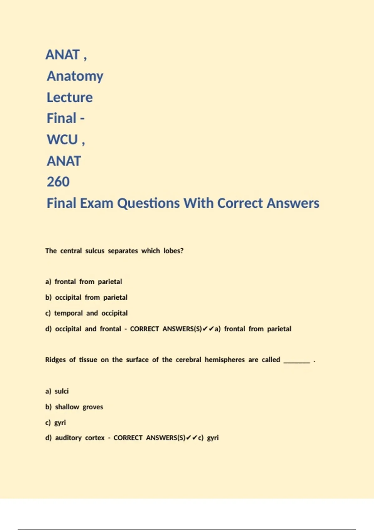 ANAT , Anatomy Lecture Final - WCU , ANAT 260 Final Exam Questions With ...