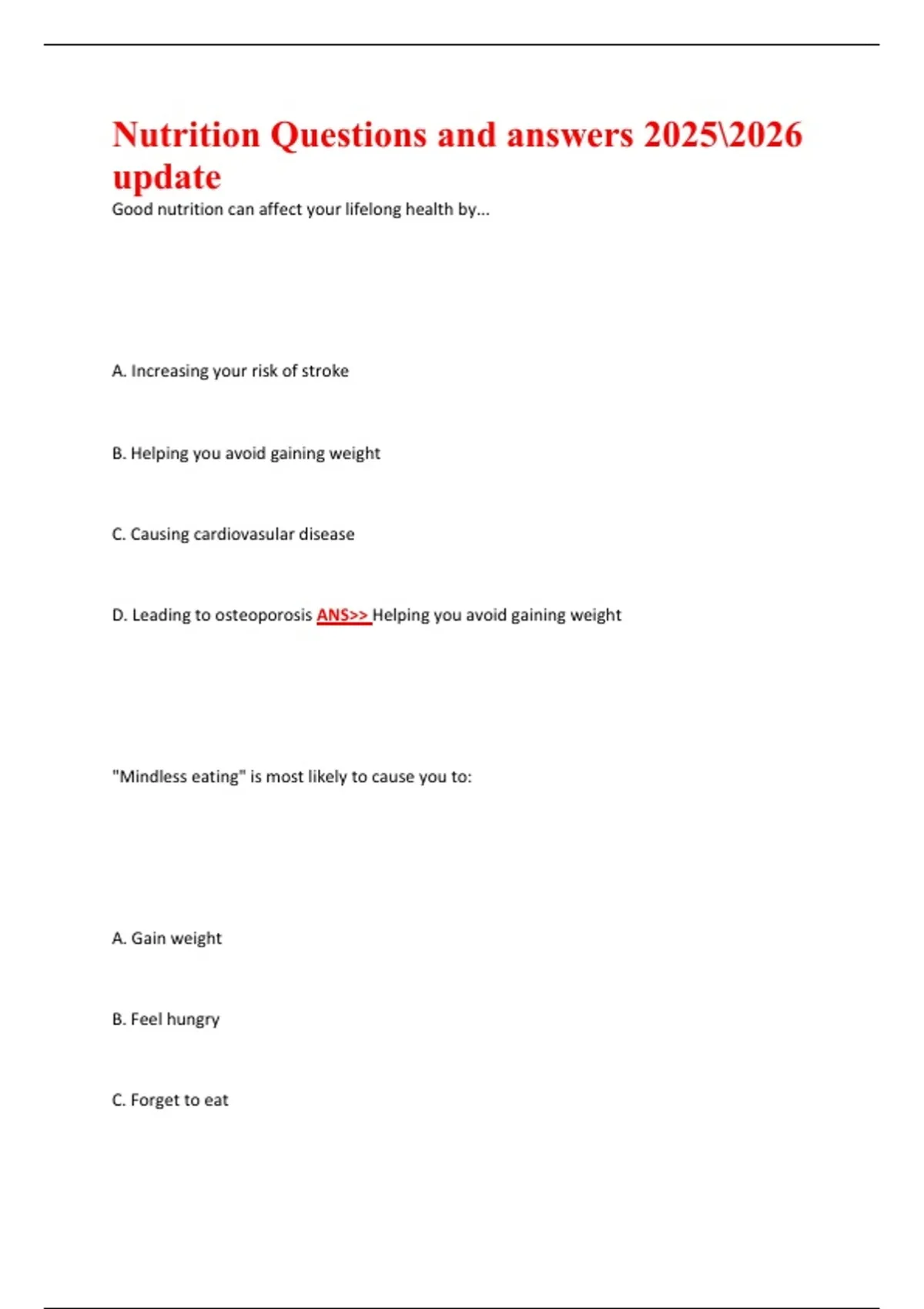 Nutrition Questions and Answers (2025/2026) – Updated Exam Review with ...