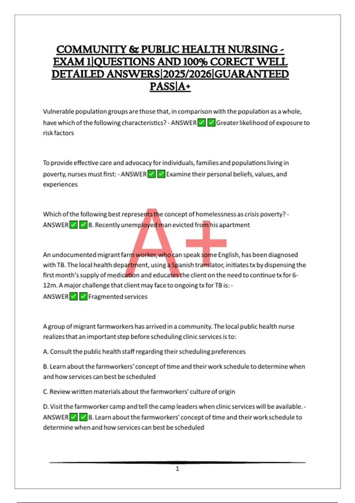 COMMUNITY & PUBLIC HEALTH NURSING - EXAM 1|QUESTIONS AND 100% CORECT ...