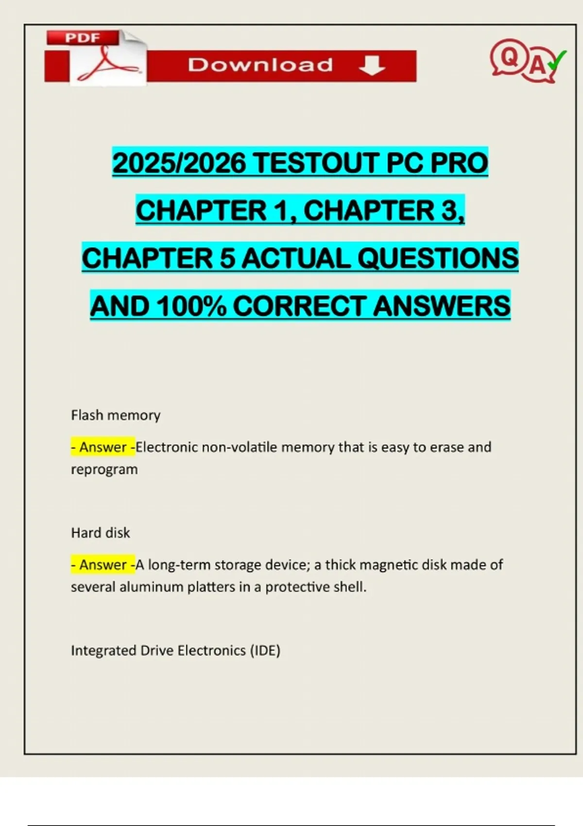 2025/2026 TESTOUT PC PRO CHAPTER 1, CHAPTER 3, CHAPTER 5 ACTUAL ...