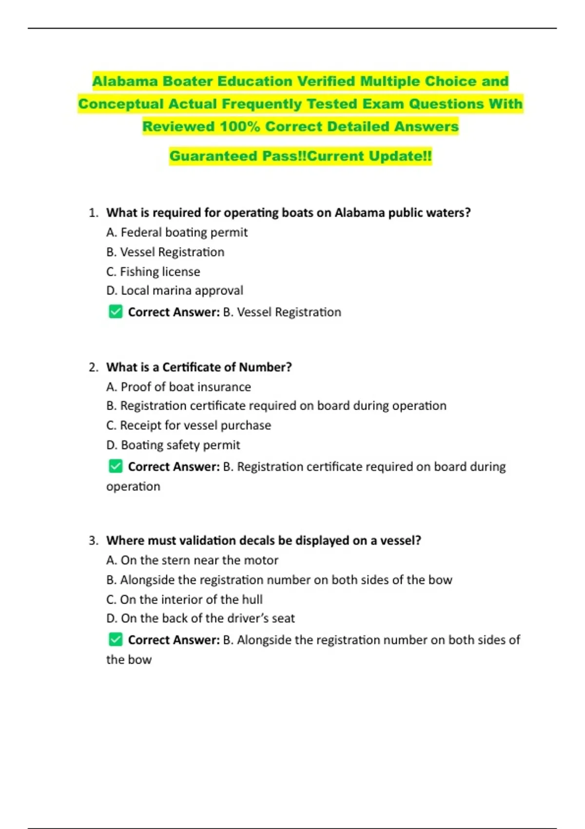 Alabama Boater Education Verified Multiple Choice and Conceptual Actual ...