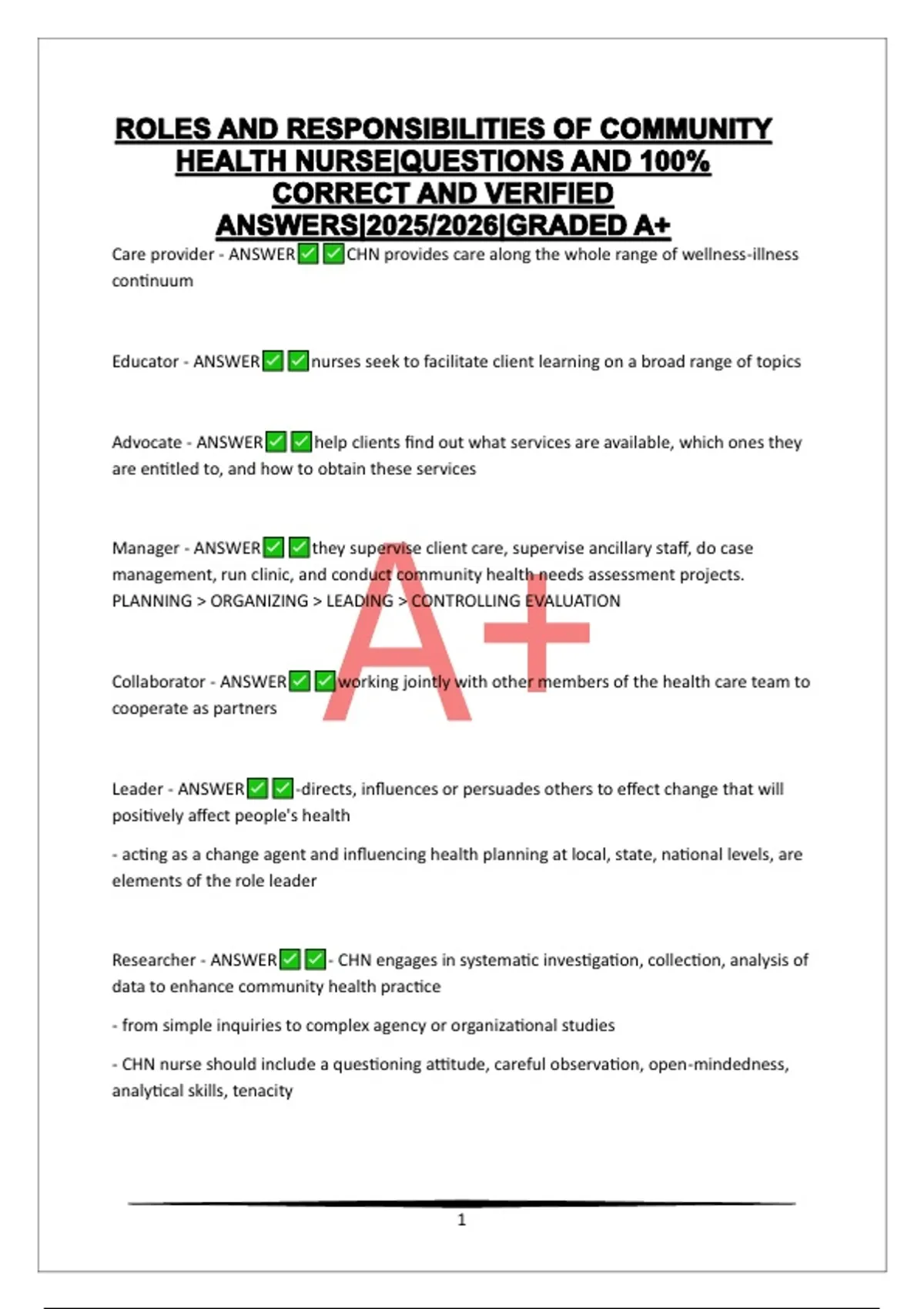 ROLES AND RESPONSIBILITIES OF COMMUNITY HEALTH NURSE|QUESTIONS AND 100% ...