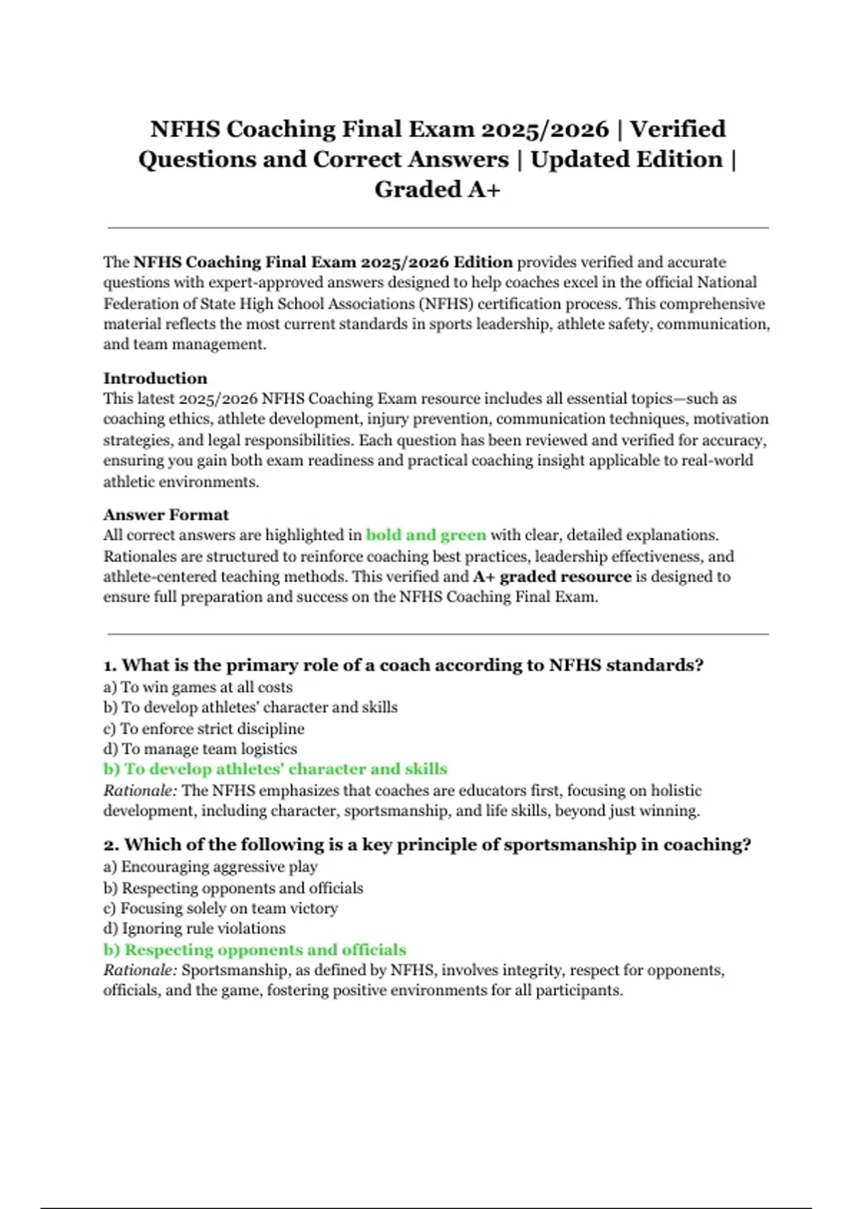 NFHS Coaching Final Exam (2025/2026) – Verified Questions and Correct ...