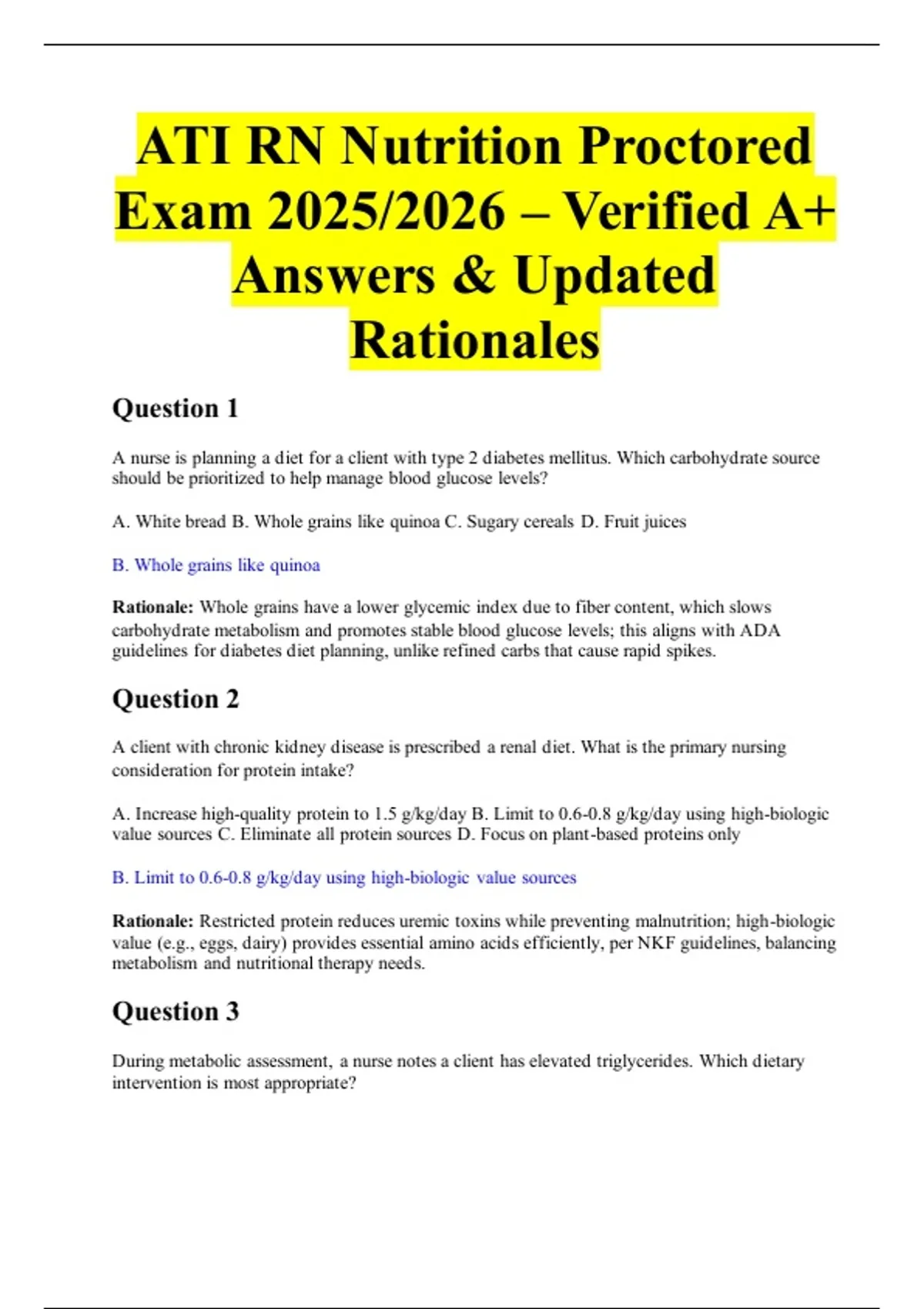 ATI RN Nutrition Proctored Exam 2025/2026 – Verified A+ Answers ...