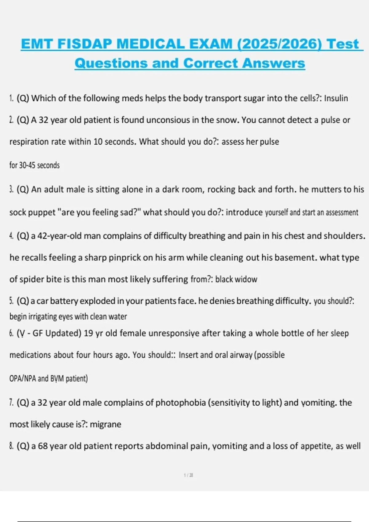 EMT FISDAP Medical Exam (2025/2026) – Test Questions and Correct ...