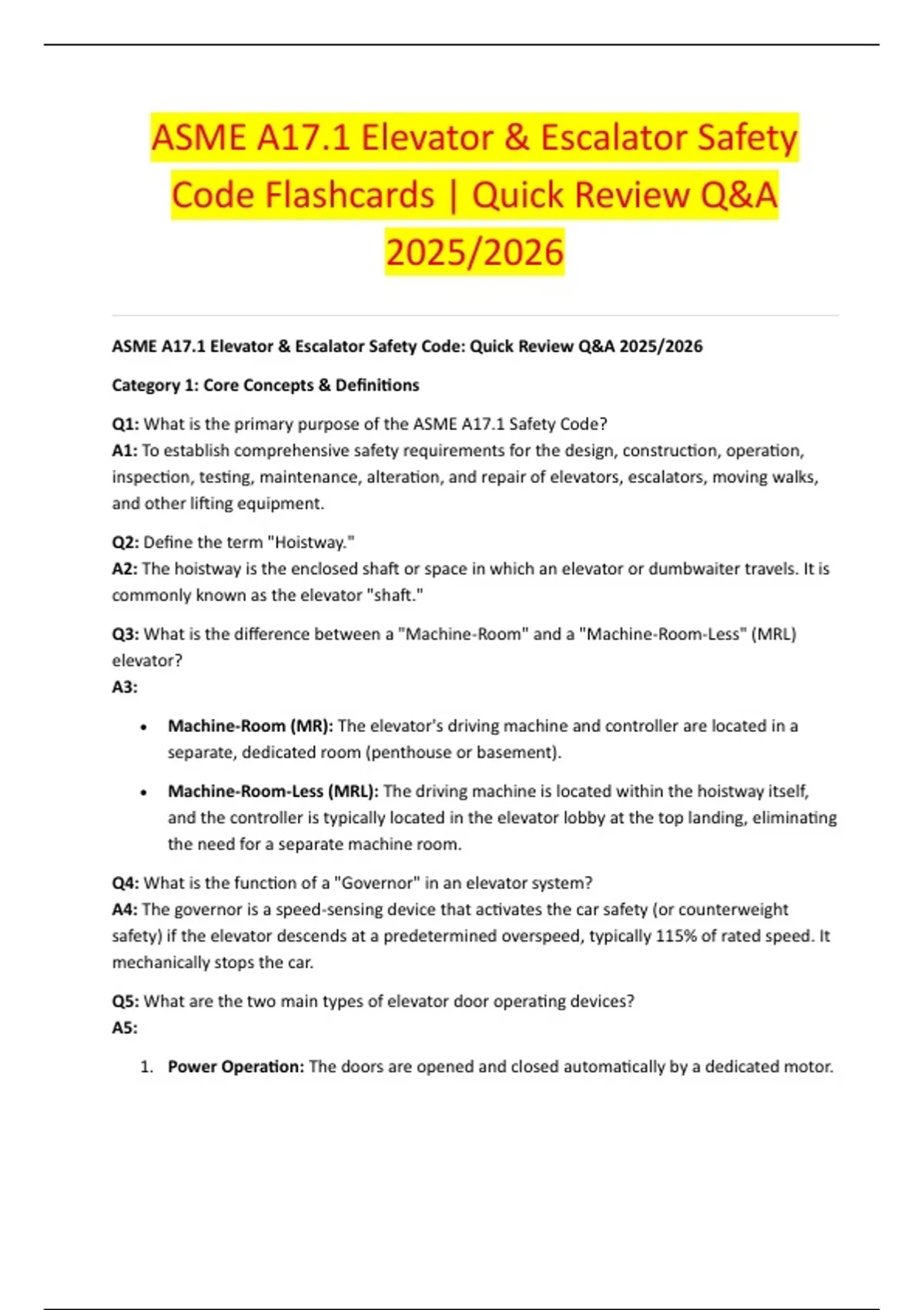 ASME A17.1 Elevator & Escalator Safety Code Flashcards | Quick Review Q ...