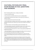 CULTURAL PSYCHOLOGY FINAL EXAM REVIEW ACTUAL QUESTIONS AND ANSWERS