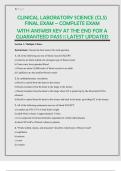 CLINICAL LABORATORY SCIENCE &lpar;CLS&rpar; FINAL EXAM &ndash; COMPLETE EXAM WITH ANSWER KEY AT THE END FOR A GUARANTEED PASS &vert;&vert; LATEST UPDATED