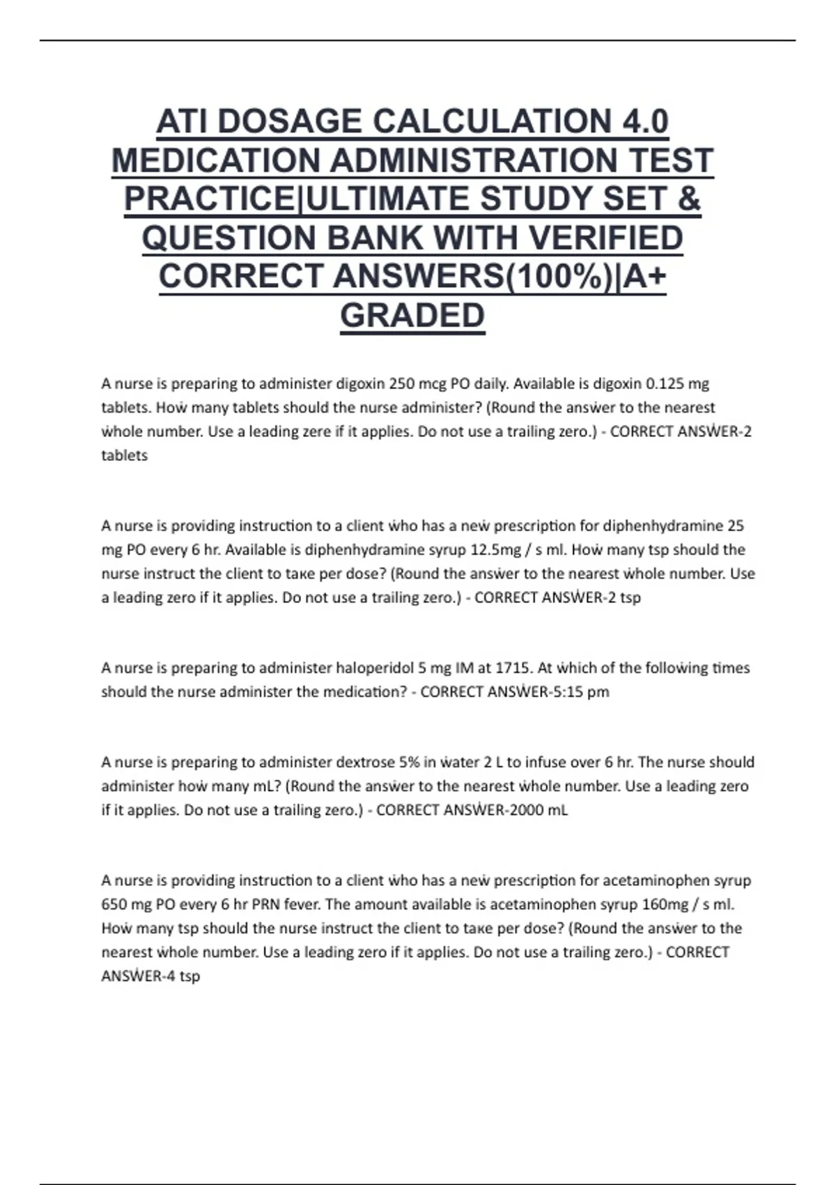 ATI Dosage Calculation 4.0 – Medication Administration Test Practice ...