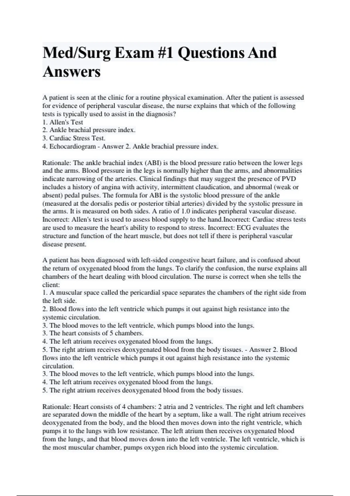 Medical-Surgical Nursing Exam 1 Questions and Answers | Complete 2025 ...