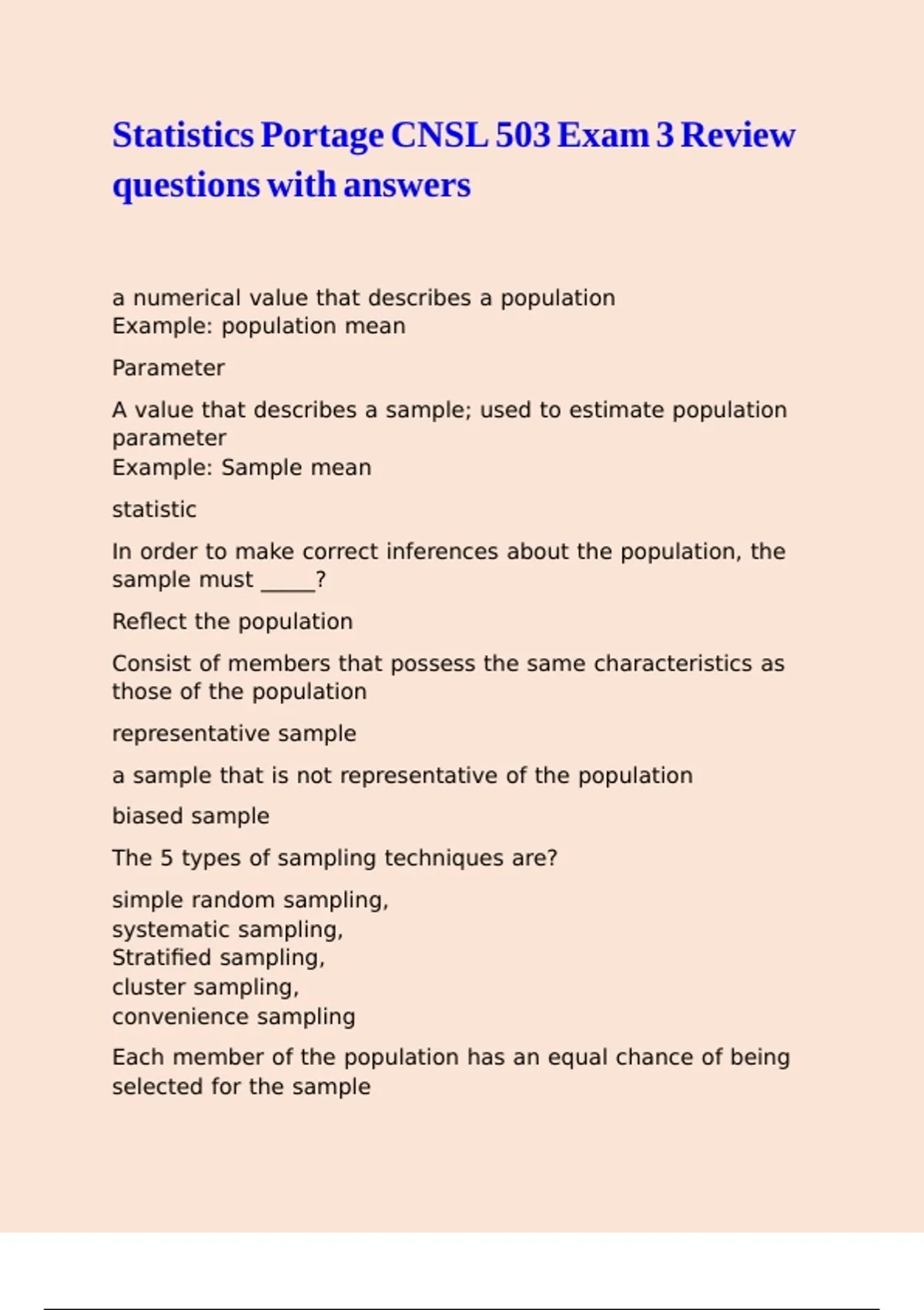 Statistics Portage CNSL 503 Exam 3 Review questions with answers ...