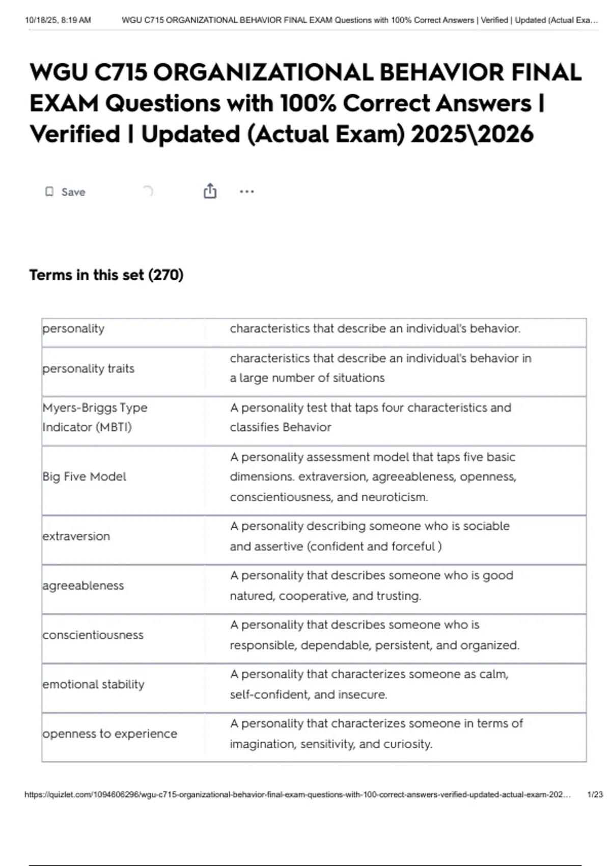 WGU C715 ORGANIZATIONAL BEHAVIOR FINAL EXAM Questions with 100% Correct ...