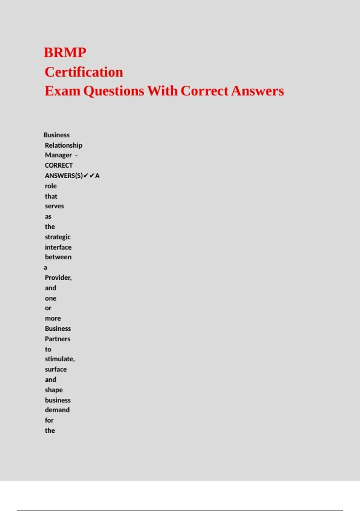 BRMP Certification Exam Questions With Correct Answers - BRMp - Stuvia US