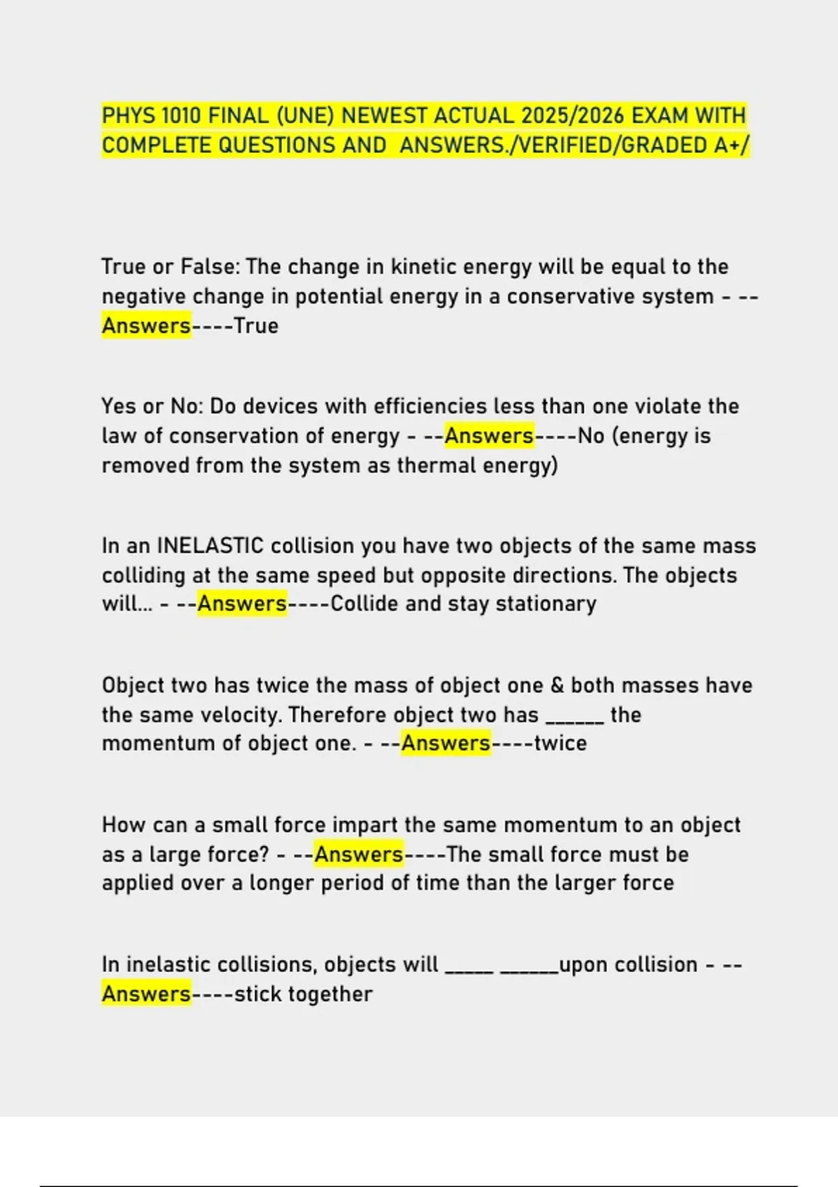 PHYS 1010 FINAL (UNE) NEWEST ACTUAL 2025/2026 EXAM WITH COMPLETE ...