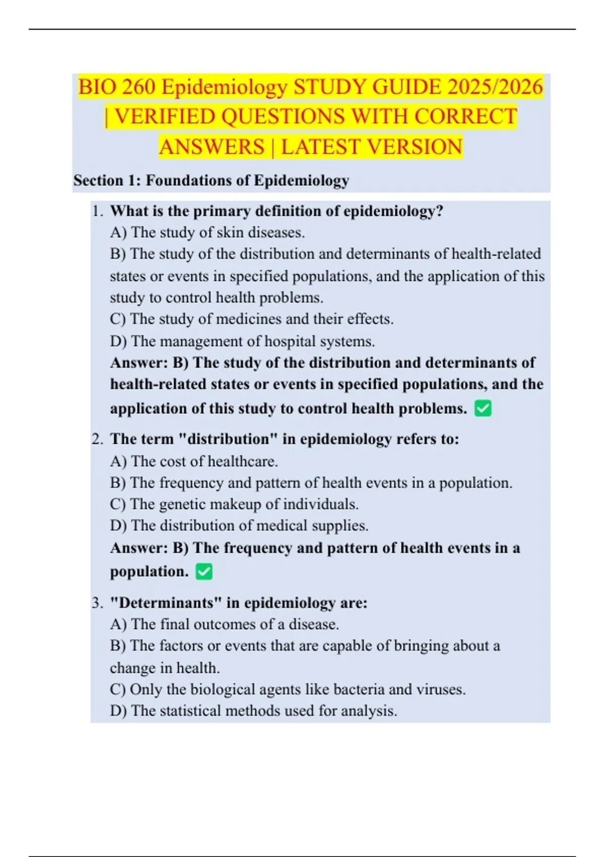 BIO 260 Epidemiology STUDY GUIDE 2025/2026 | VERIFIED QUESTIONS WITH CORRECT ANSWERS | LATEST ...
